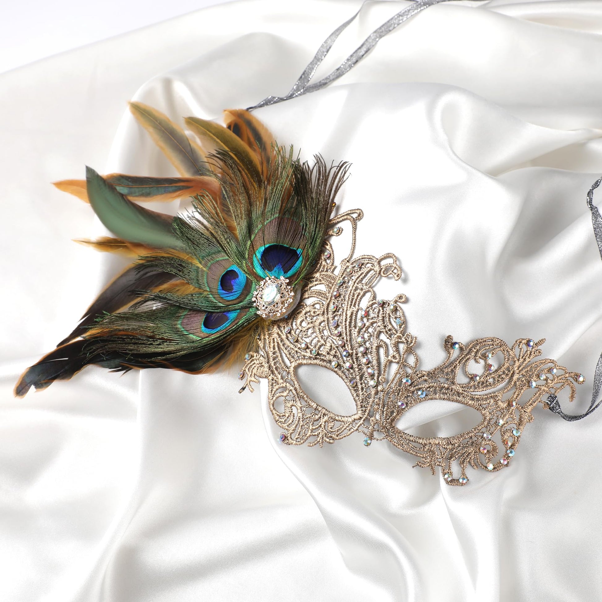 Lace Masquerade Masks for Women - 1920s Peacock Feather Venetian (image 3)
