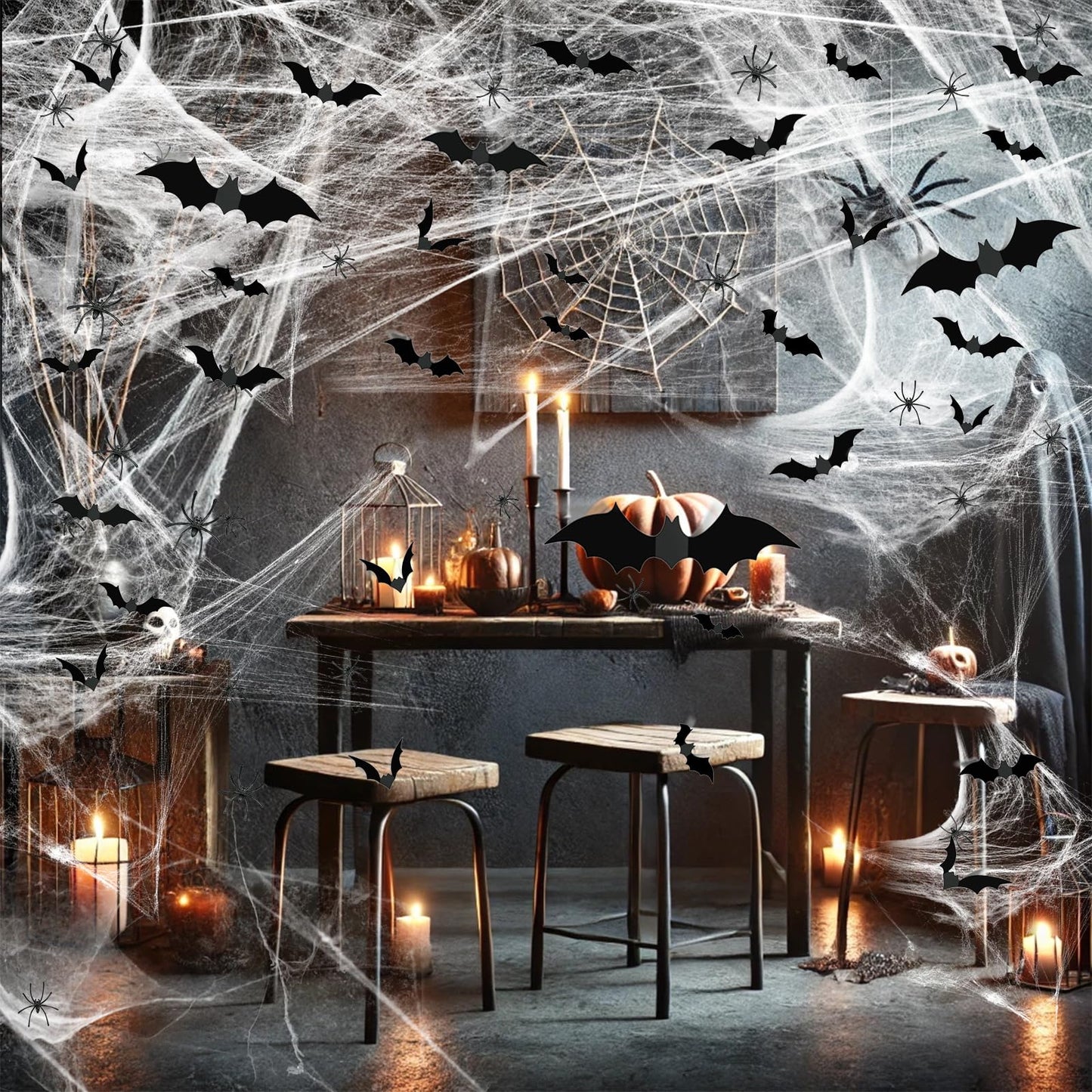 1200 sqft Halloween Spider Webs &120pcs Fake bats 50pcs Fake Spiders Super Stretch Cobwebs for Halloween Theme Decoration Party Supplies