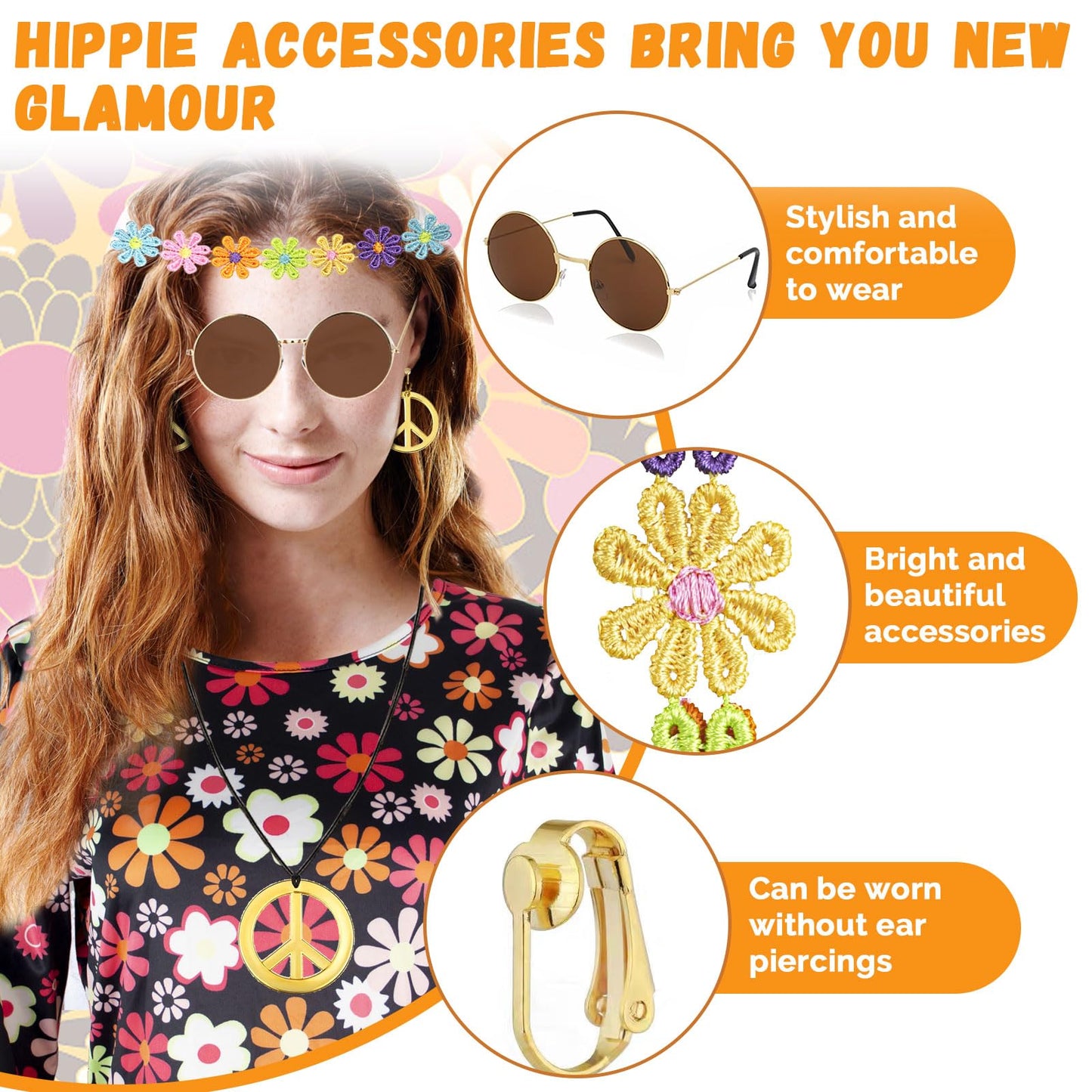 8PCS 70s Fancy Dress Women Set, 70s Hippie Dress Costumes Necklace Earrings Sunglass Women Disco Outfit, 60s Party Costume, Womens Hippie Costume for Carnival Cosplay Party