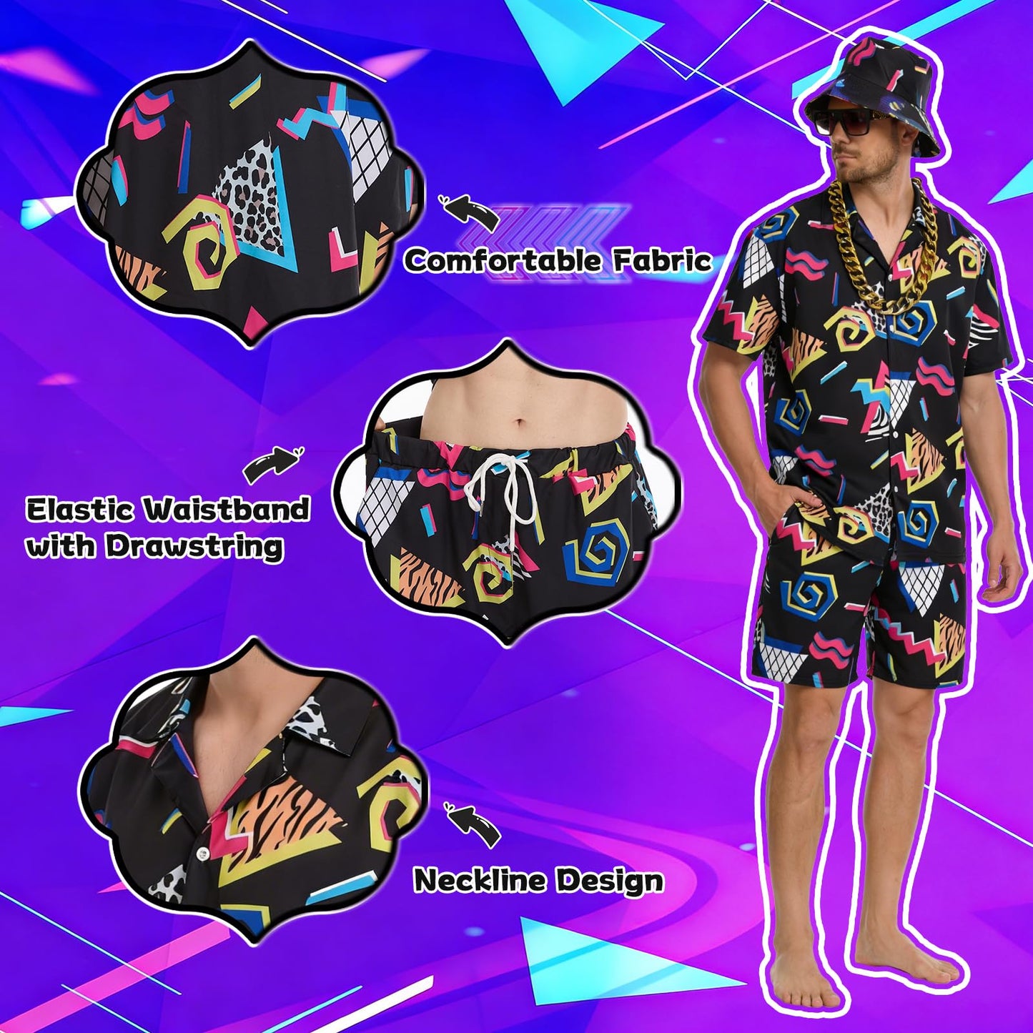 HZVRTN 80s Fancy Dress Men Hip-Hop T-Shirts And Shorts Set, 7Pcs Retro 80s 90s Hip-Hop Sportswear, Shell Suit Mens Fancy Dress Costume for Beach Party, Music Festival, Carnival, Disco (Black, L)