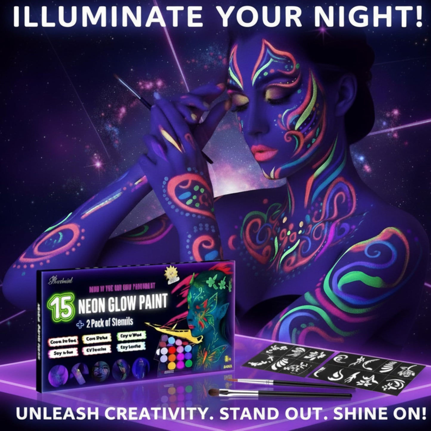 15 Colors Neon Face Paint Kit for Kids & Adults – UV Glow Body & Face Painting Set with Brushes & Stencils | Non-Toxic, Quick Dry, Easy to Wash, Long-Lasting Party Makeup