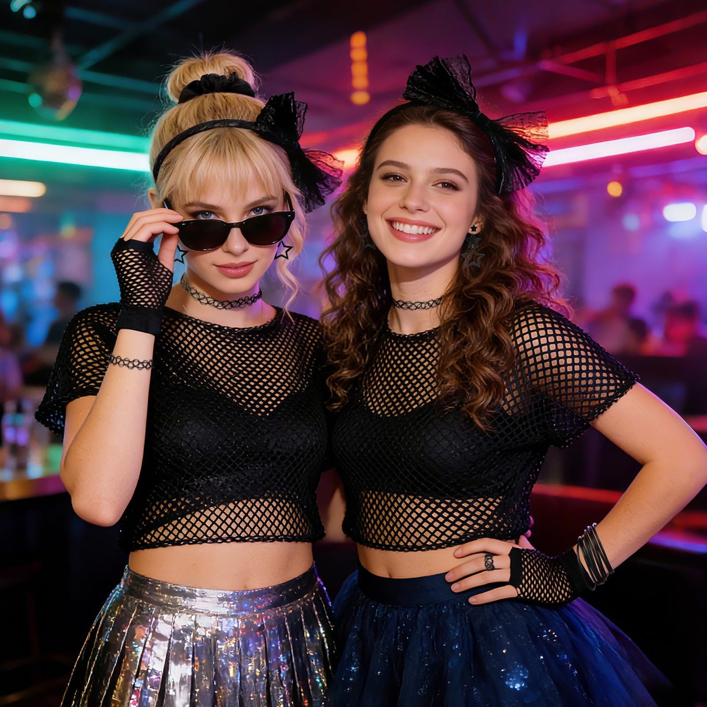 Dazzroi 80s Women Costume Accessories Set, 20Pcs 1980s Party Costume Set Includes Black Fishing Net T-shirt Gloves Headband Earrings Scrunchie Necklace Bracelets Ring for Retro 80s Party