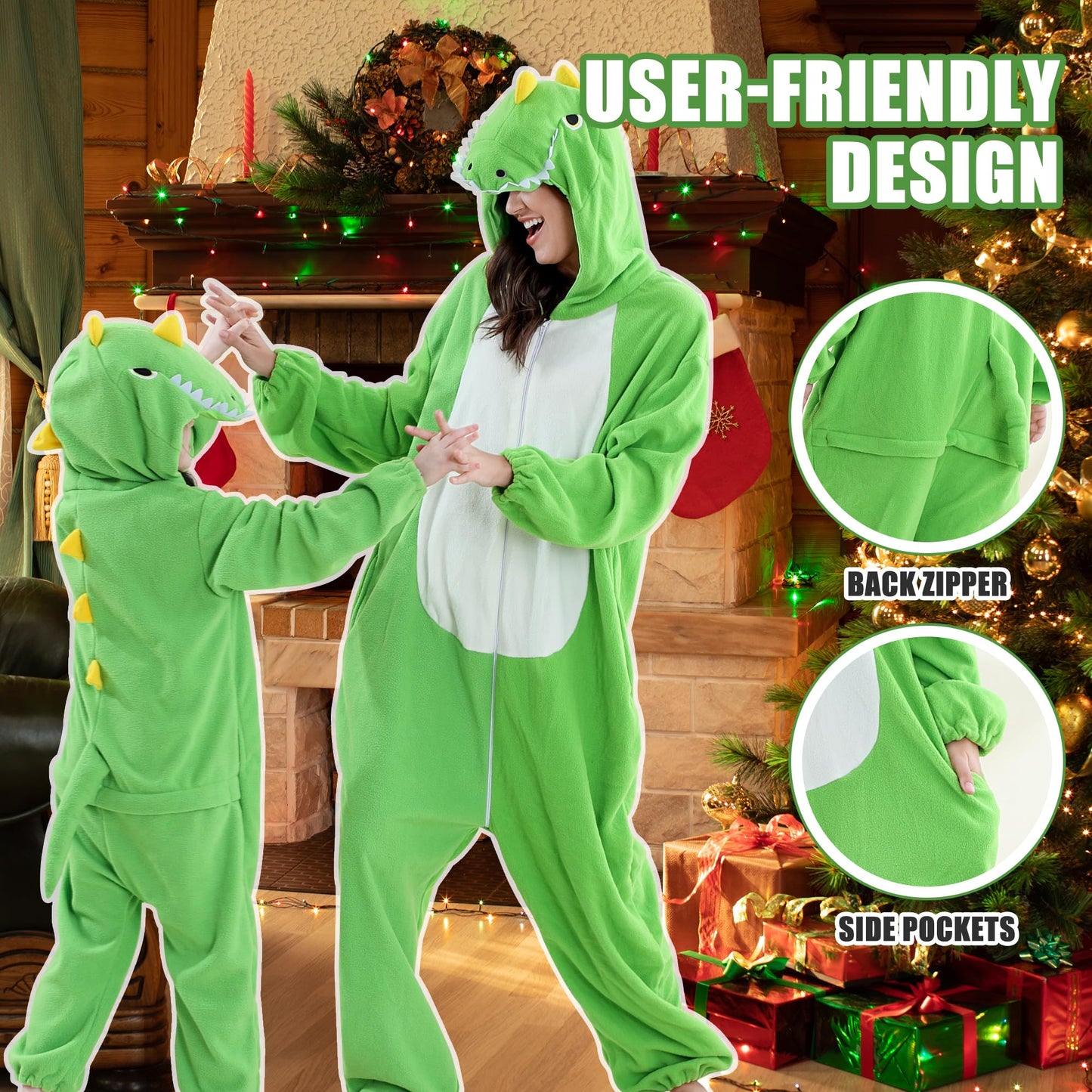 COOKY.D Unisex Animal Parent-Child Hooded Cosplay Pyjamas All in One Jumpsuit Halloween Gaming Costume Girls Boys Sleepsuit Family Outfits,Dinosaur 3-4T