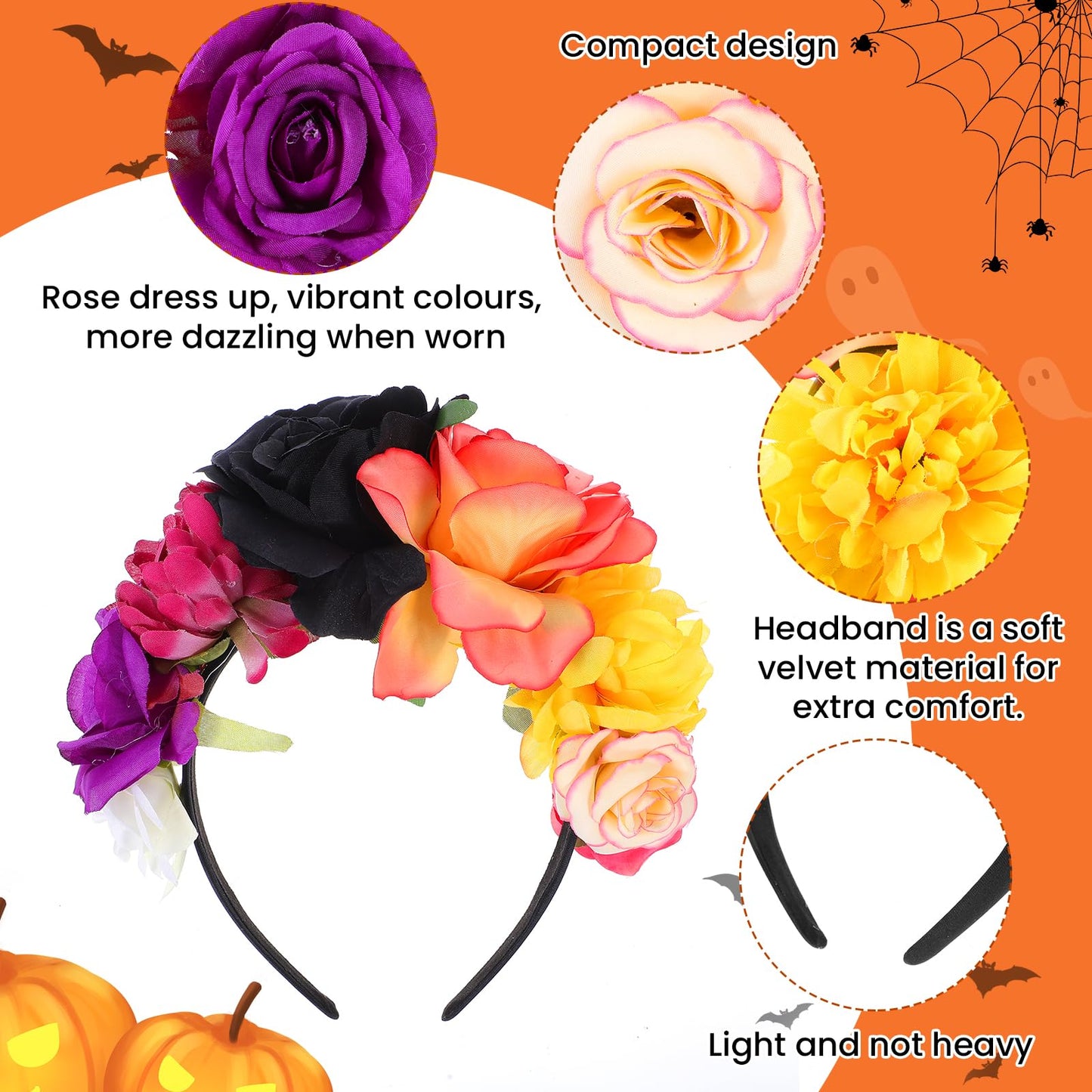 Amabro Halloween Headbands, Floral Day of the Dead Headband Mexican Flower Rose Crown Headpiece Halloween Cosplay Party Headdress Costume Hair Wreath Decorations for Women Men(Style B)