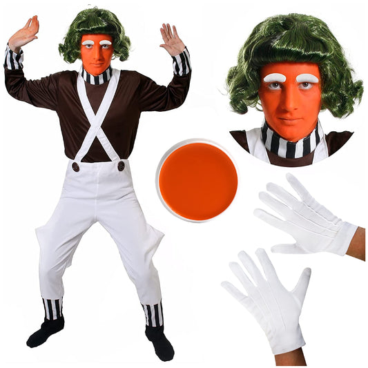 Adults Chocolate Factory Worker - Small - Brown Top, White Trousers, Green Wig, Gloves, Eyebrows, Facepaint - Mens Teacher School Book Week World Book Day Fancy Dress Costume