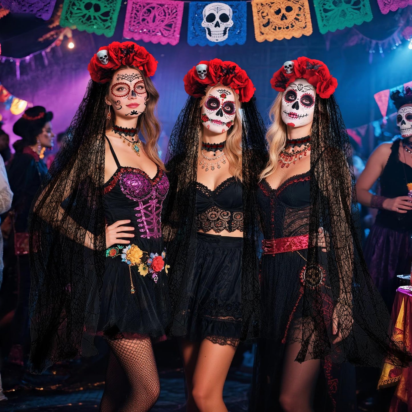 Yotako Day of the Dead Costumes for Women, Day of the Dead Headband Accessories, Veil, Tattoo, Black Rose, Necklace, Lace Eye Mask, Dia de Los Muertos Halloween Fancy Dress Costume Accessories