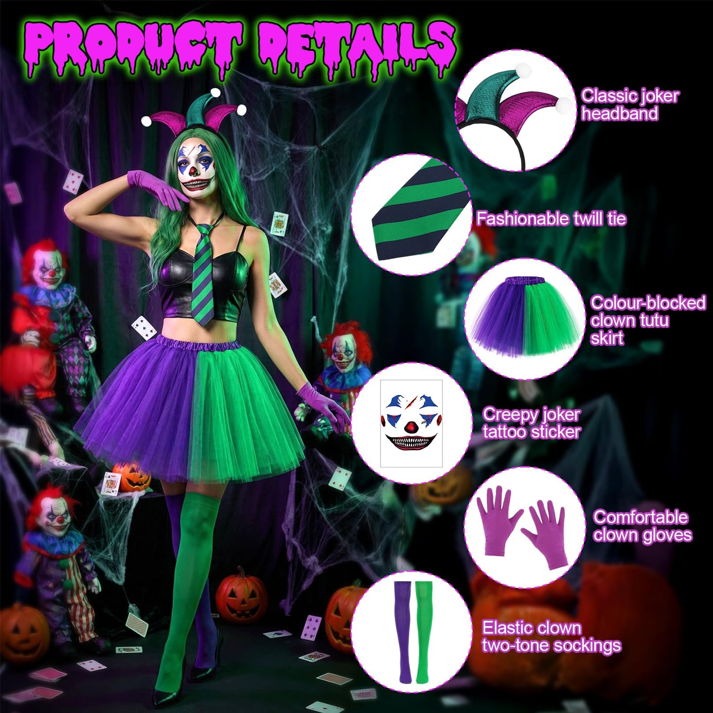 6 PCS Halloween Clown Costume Women, Joker Outfit - Clown Headband Face Tattoos Tie Gloves Knee High Socks Tutu Skirt, Harlequin Jester Joker Costume Women Accessories for Halloween Carnival Cosplay