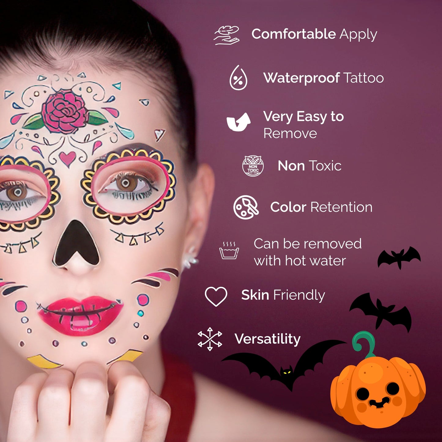 12 PCS Day of the Dead Costume Tattoos for Halloween - Temporary Sugar Skull Face Stickers for Makeup, Masquerade, Parties. Face & Body Tattoos for Events
