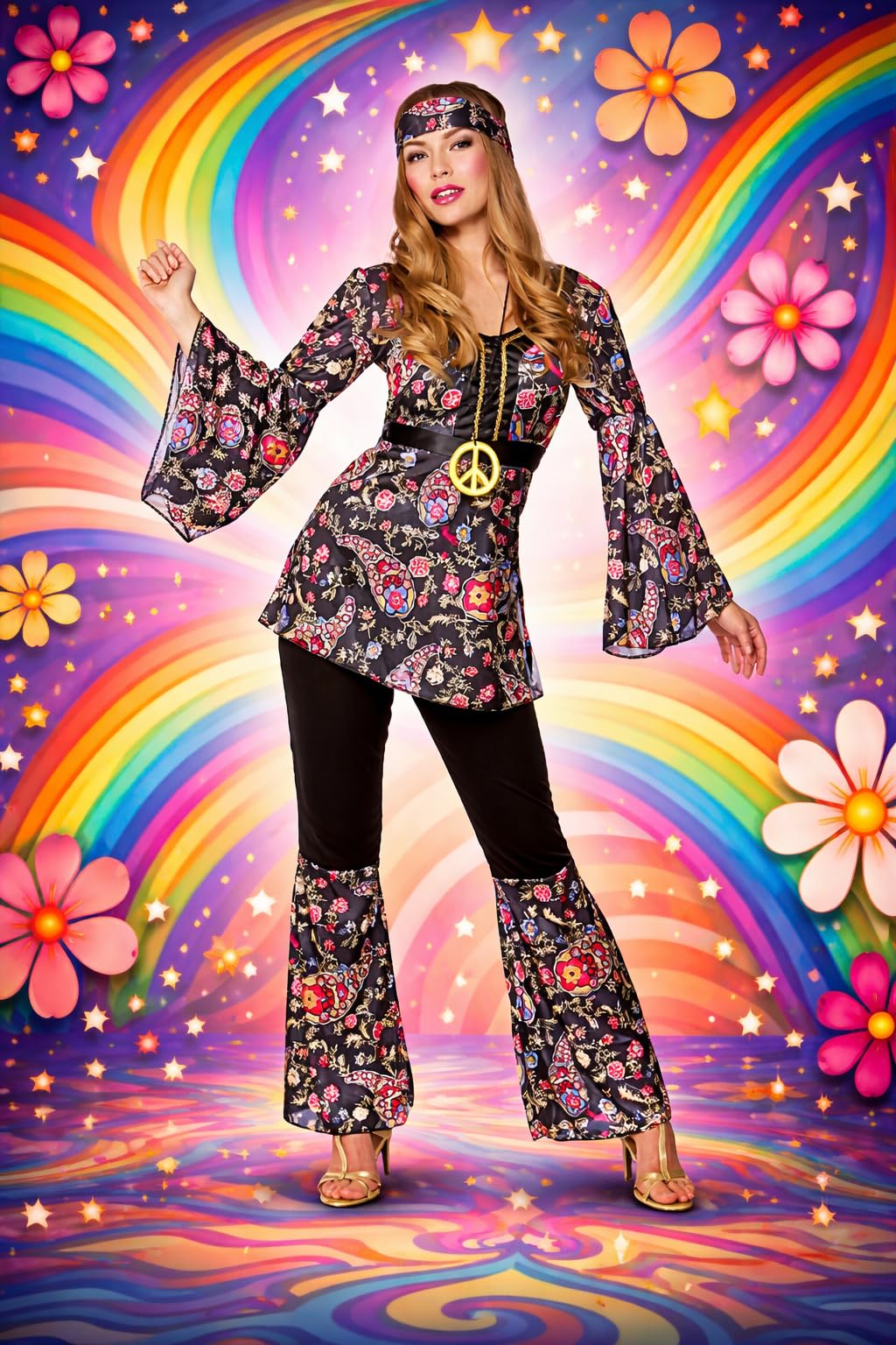 Wicked Costumes Adult Womens Peace Lovin Hippie Fancy Dress Costume 1970s Flower Power Outfit for Halloween Disco Party Medium (UK 14-16)