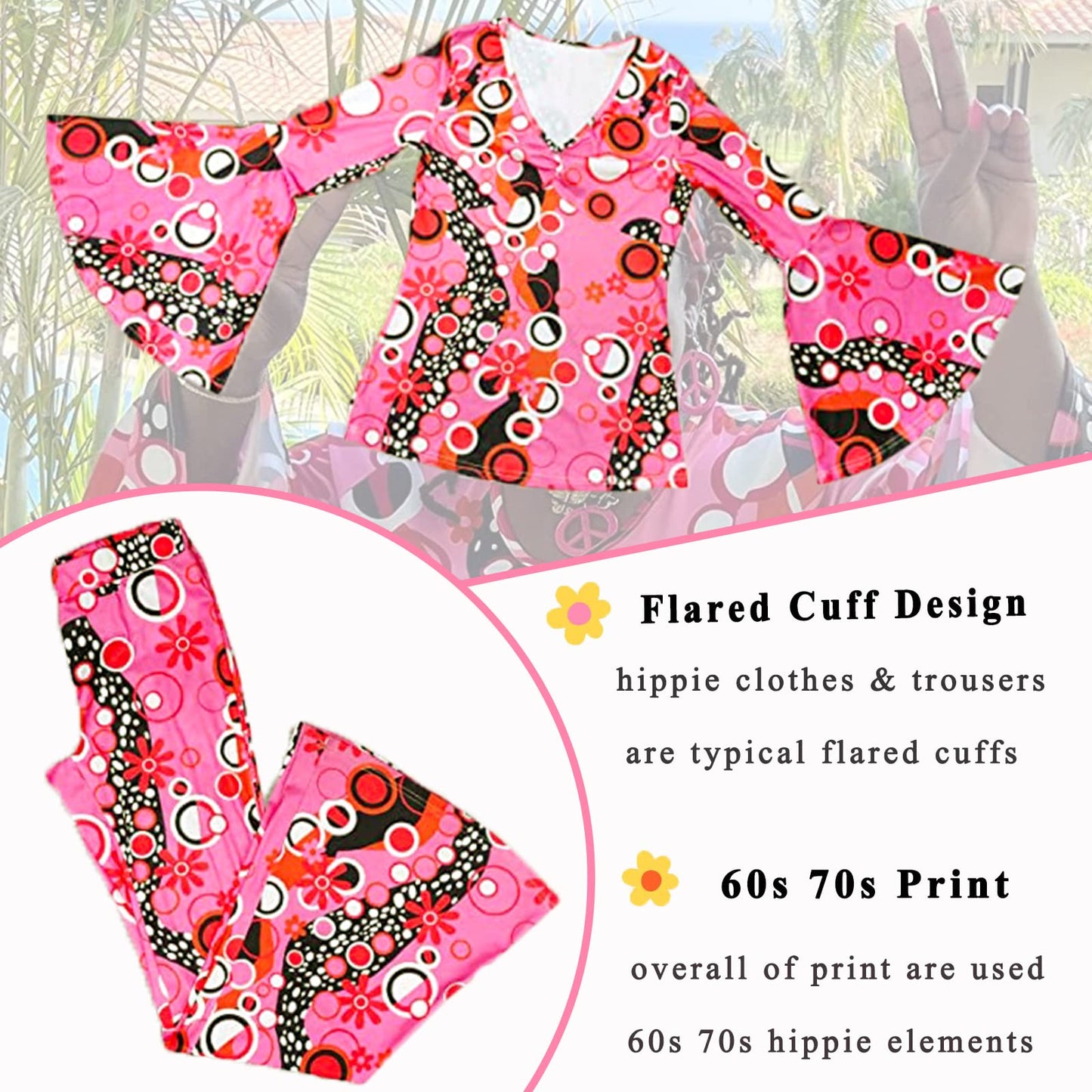YADODO 60s 70s Fancy Dress Women Disco with Hippie Costume Flared Trousers Clothes Hippy Accessories Fancy Dress for Women Adult 1970s 1960s 70 Style Ladies Pink Flower Power
