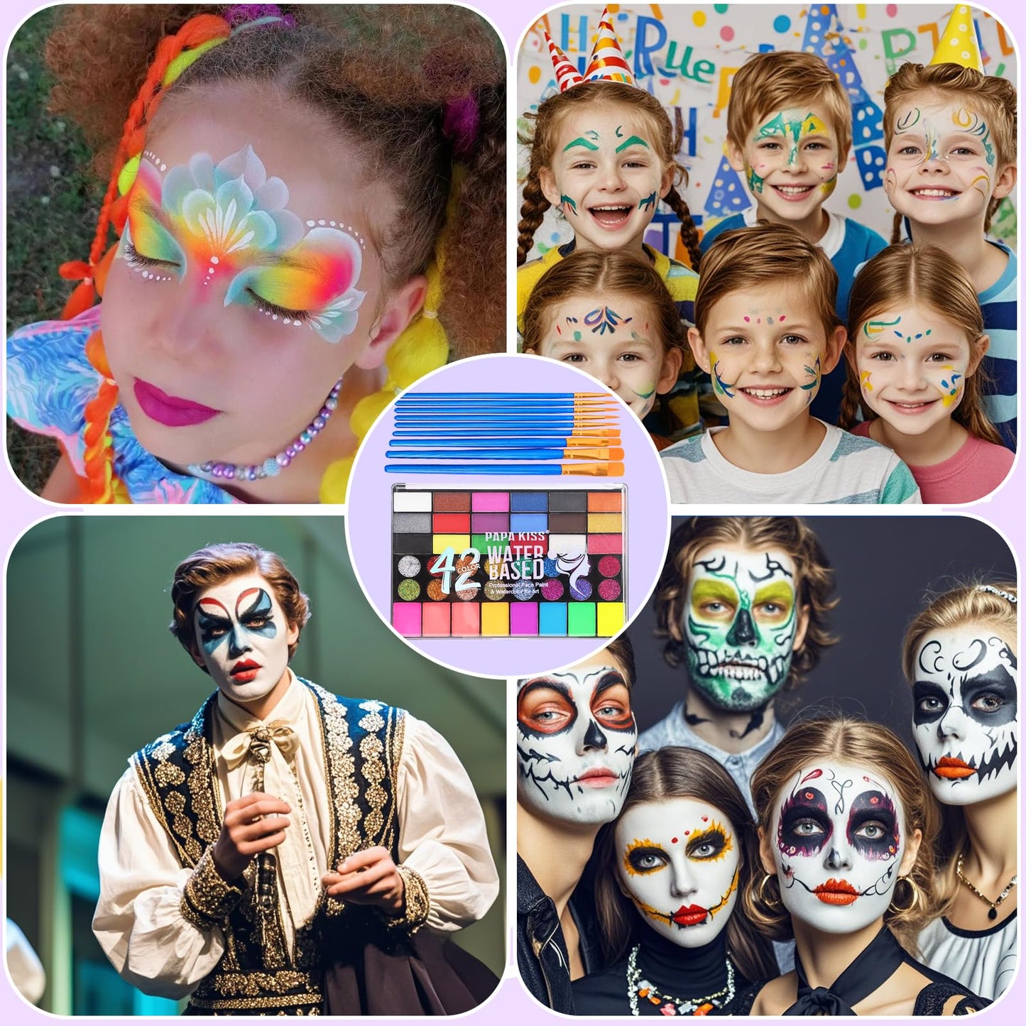 Zefphxs Face Painting Kit, 42 Colors Body Paint With 10 Pcs Brushes, Safe & Non-Toxic Washable for Children Adults Halloween Christmas Party