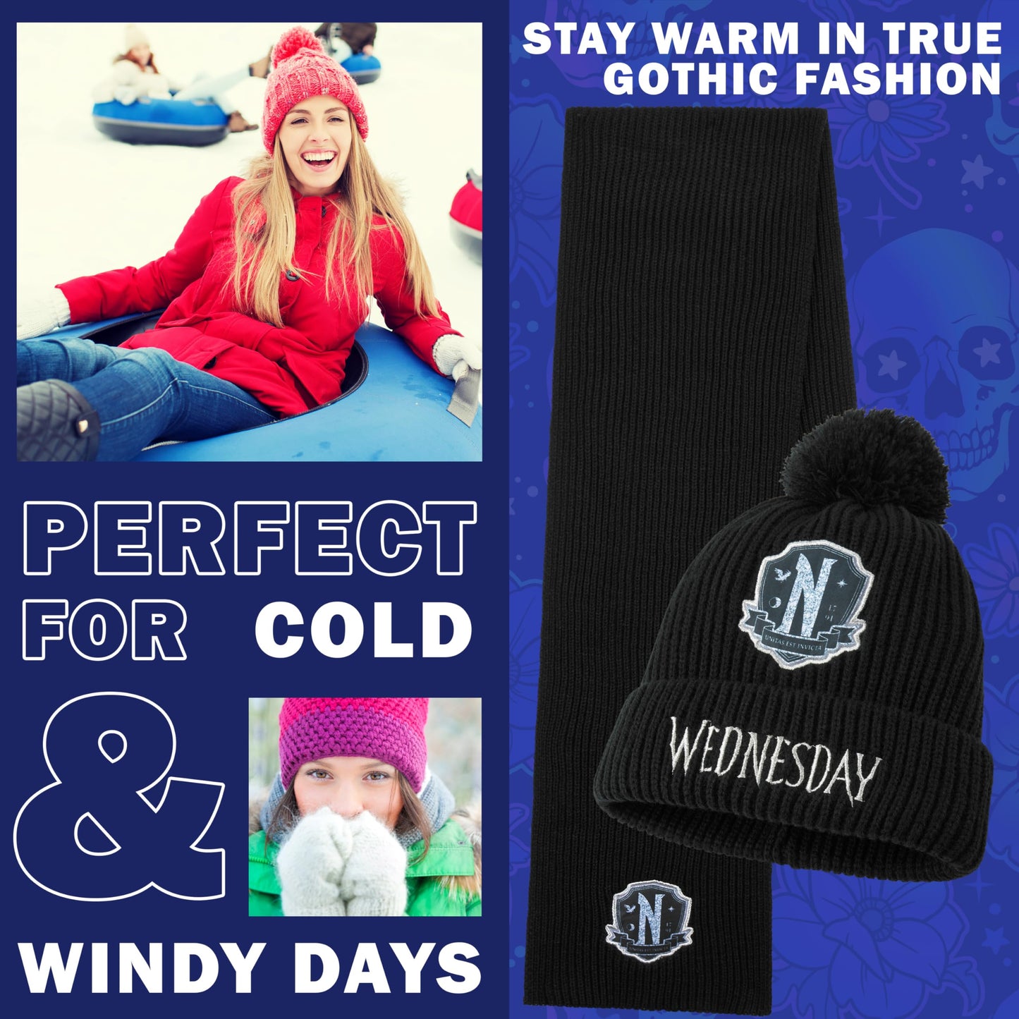 Wednesday Beanie Winter Accessories Set for Girls & Teens 6-14 Years, 3pcs Warm Knit Hat Scarf Gloves, Gothic Gifts for Girls