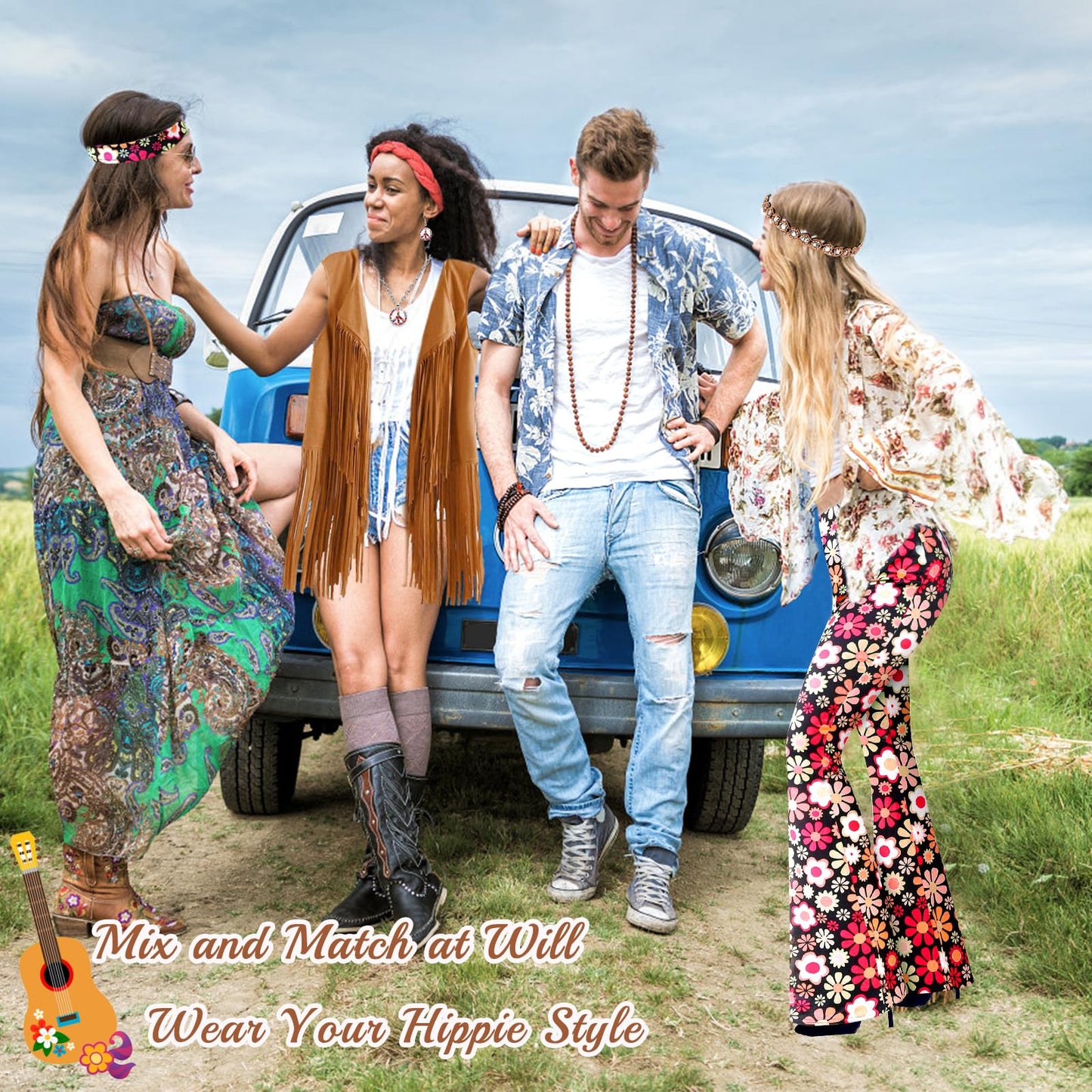 UxClishe 8 Pcs Hippie Costume Set for Women, 60s 70s Hippiy Fancy Dress Outfit Hippie Dress Up with Headband Fringe Vest-XL