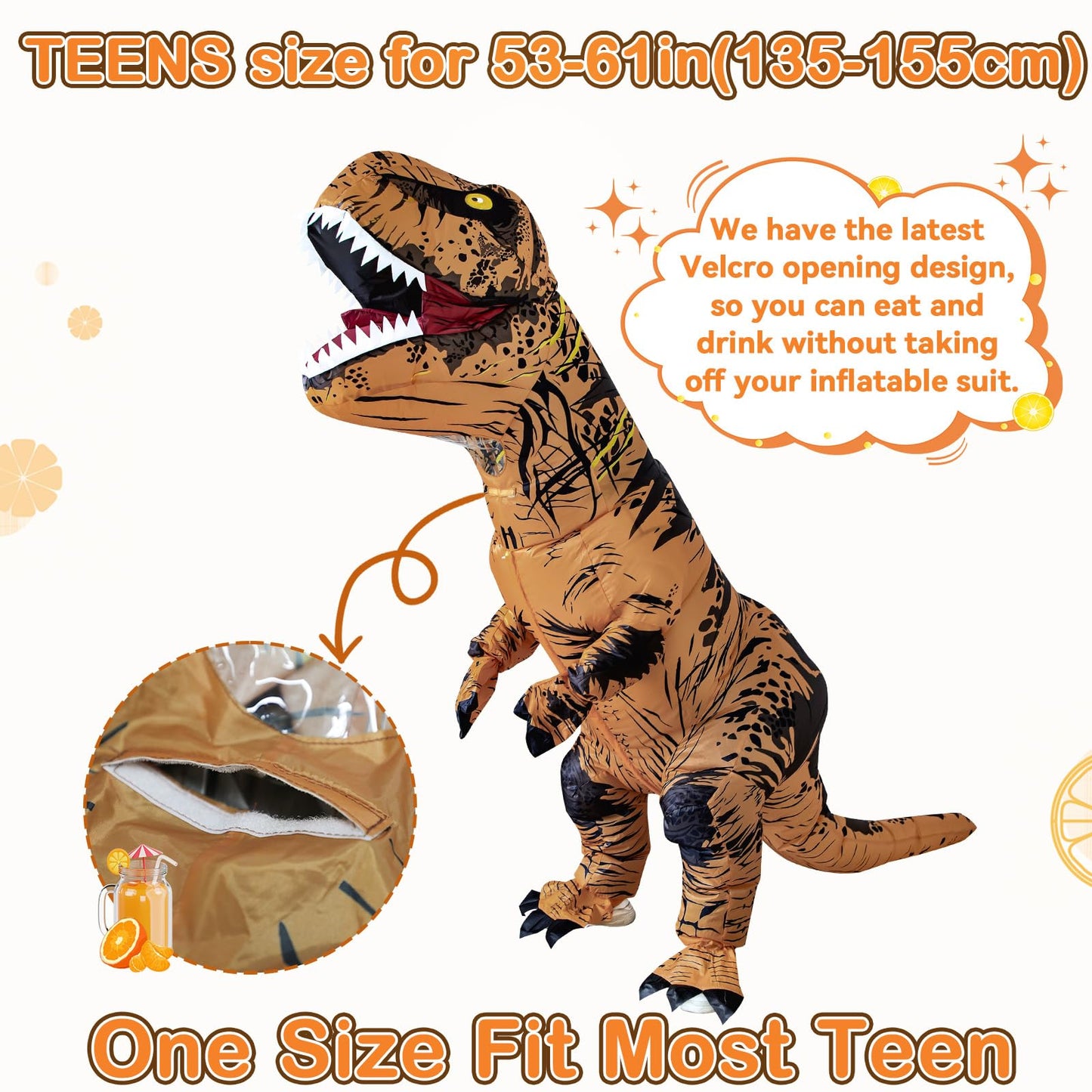 Poptrend Inflatable Dinosaur Costume for Adult Kids, T-Rex Dinosaur Funny Halloween Costume for Party Cosplay Fancy Dress Men Women Party (Teenagers)
