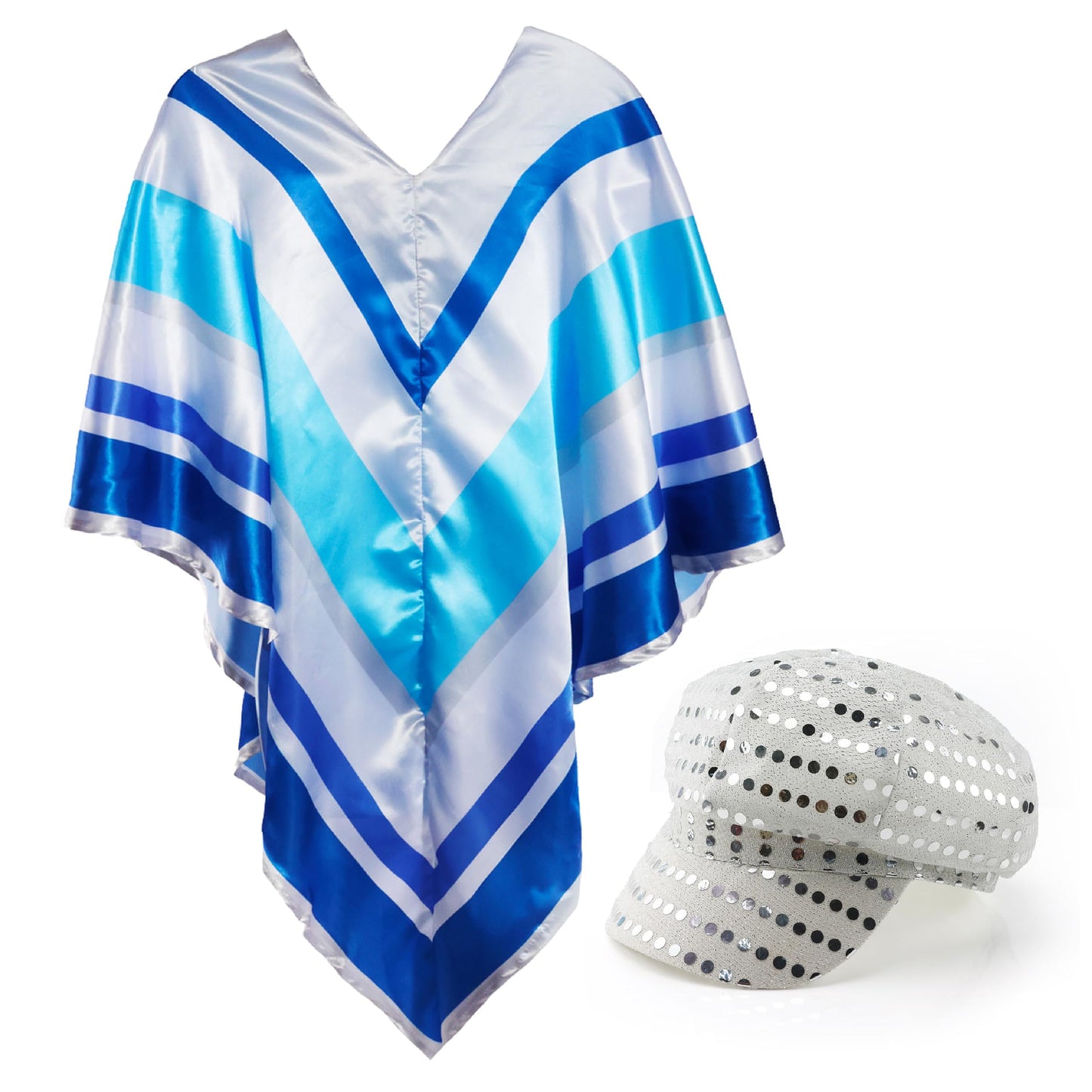 I LOVE FANCY DRESS Adults 70's Disco Costume - Silver Cap Covered in Silver Sequins and Dark Blue, White, Grey and Light Blue Striped Satin Poncho - Perfect for Disco Nights & 70's Parties
