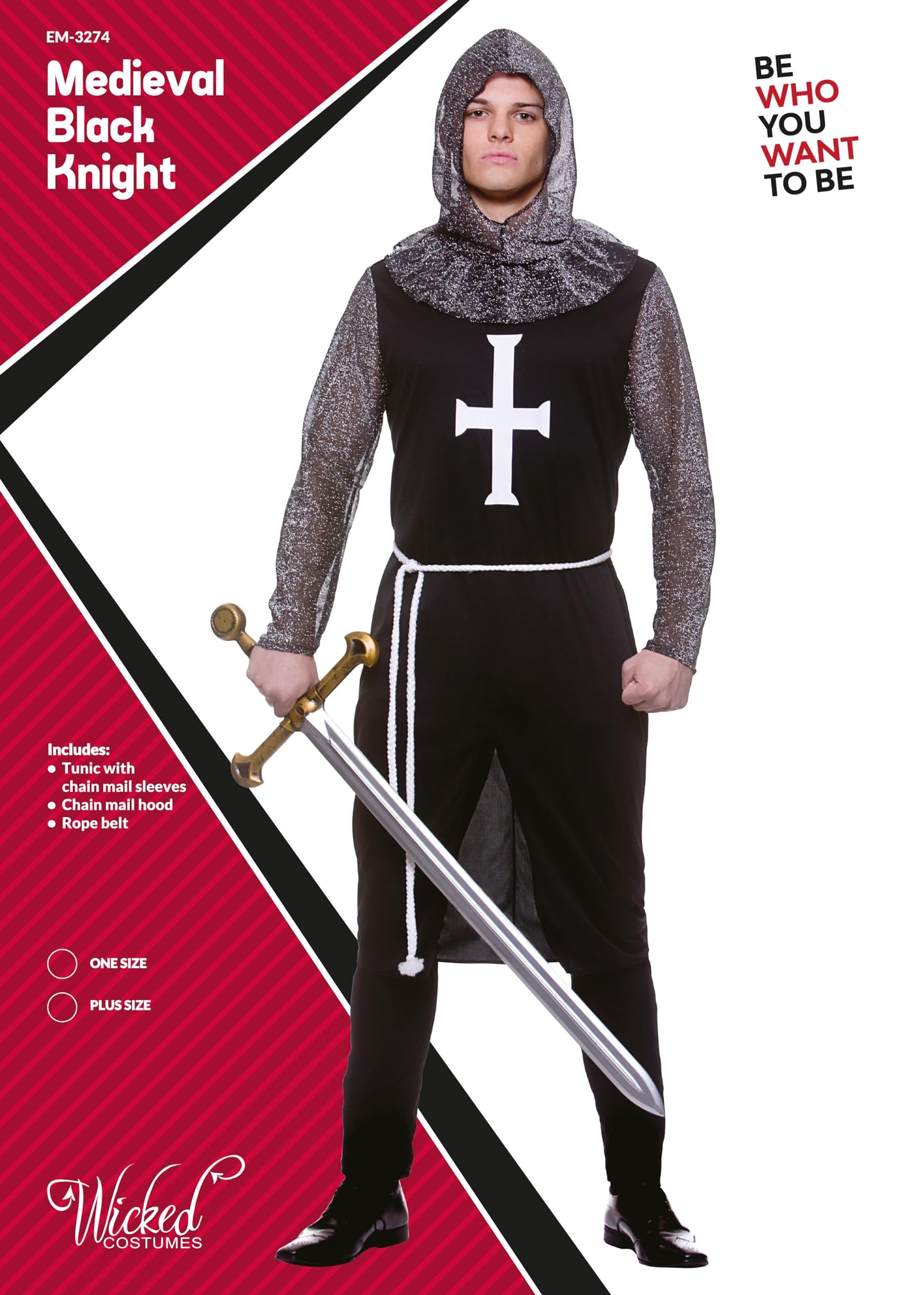 Wicked Costumes Adult Mens Medieval Knight Fancy Dress Costume – Black Crusader Warrior Outfit for Halloween, Parties & Events - Standard Size