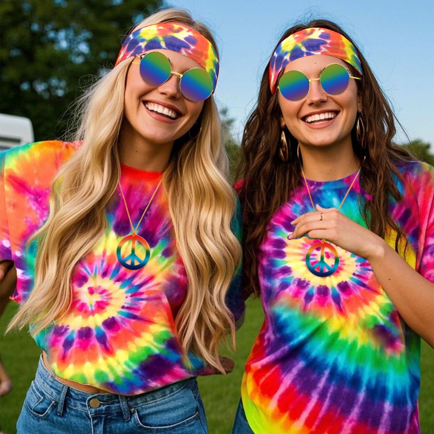 SAIIURV 4 Pcs Hippie Costumes T-Shirt, Sunglasses Peace Necklace Headband, Mens & Womens Pop Hippie 70s Disco, Rock Star Party, 1980s Fancy Dress for Retro Theme Party Cosplay Dress Up(Multicolor)