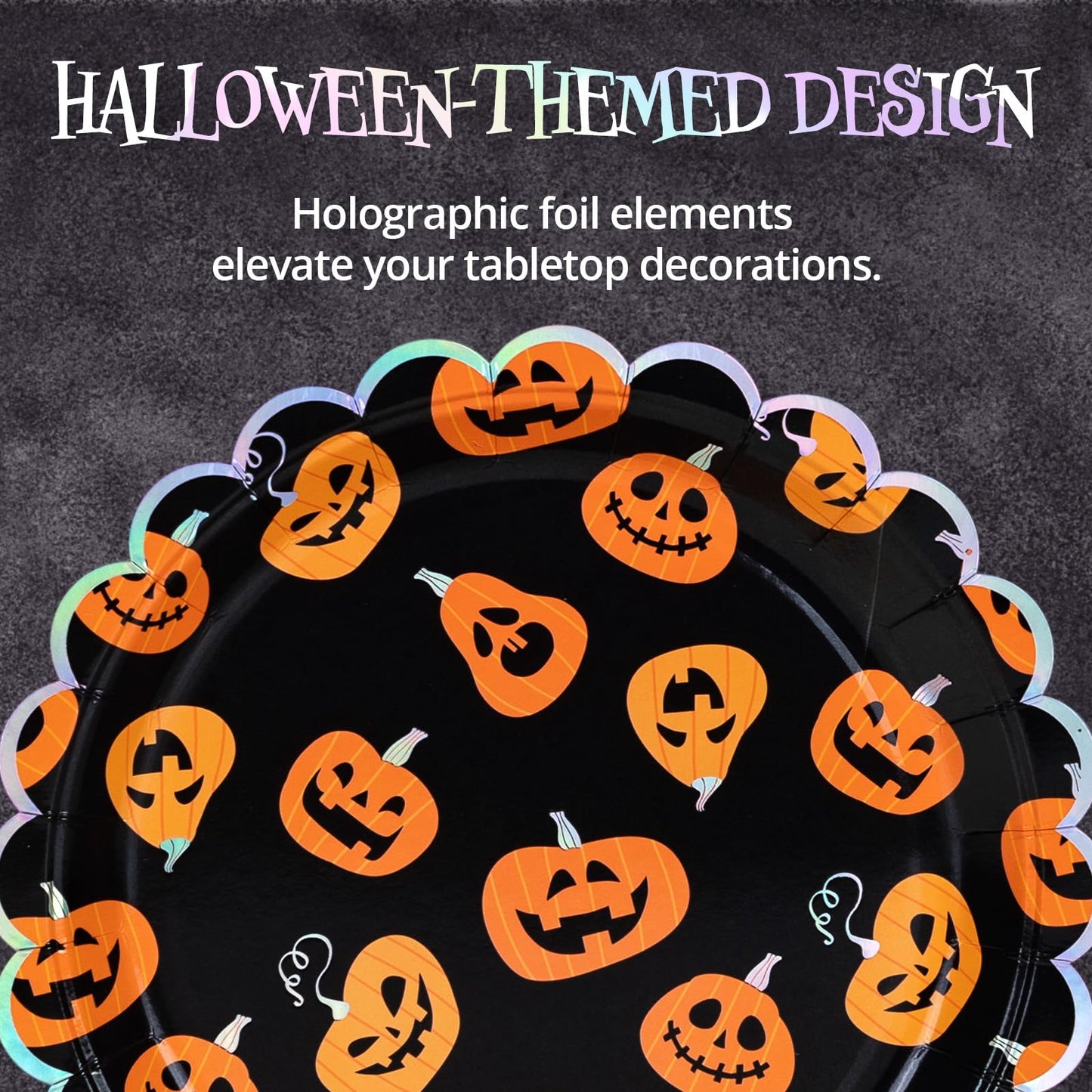 Halloween Paper Plates, 50-Count Disposable Halloween Dinner Plates, Scalloped, Party Supplies, Jack O' Lantern, Iridescent Silver Foil