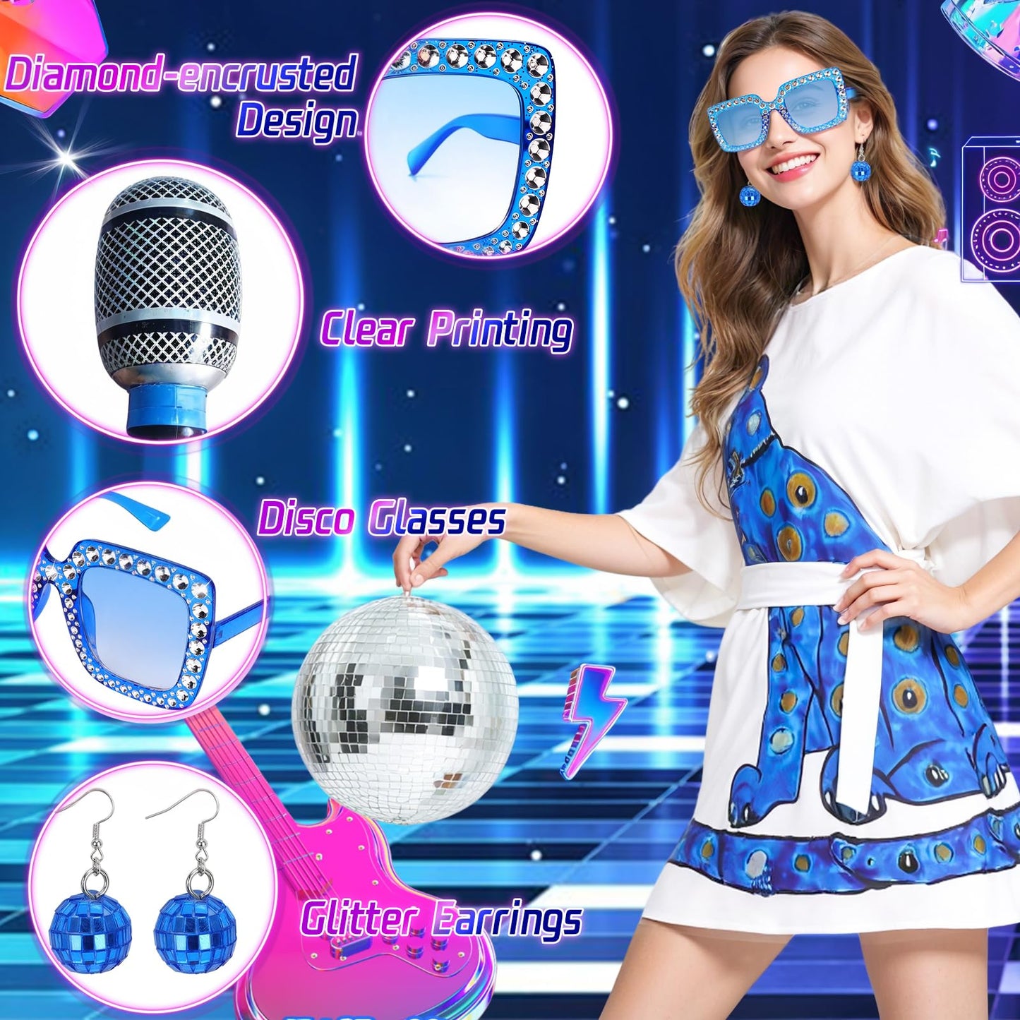 Kyndara 4Pcs Abba Costumes for Women, 70s Disco Fancy Dress Kit with 70s Vintage Dress Glasses Disco Ball Earrings Inflatable Microphone for Girls Theme Party Birthday Dance (Style-2, XL)