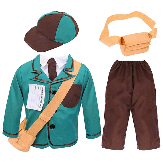 1940s schoolboy costume with blue jacket, matching hat and trousers