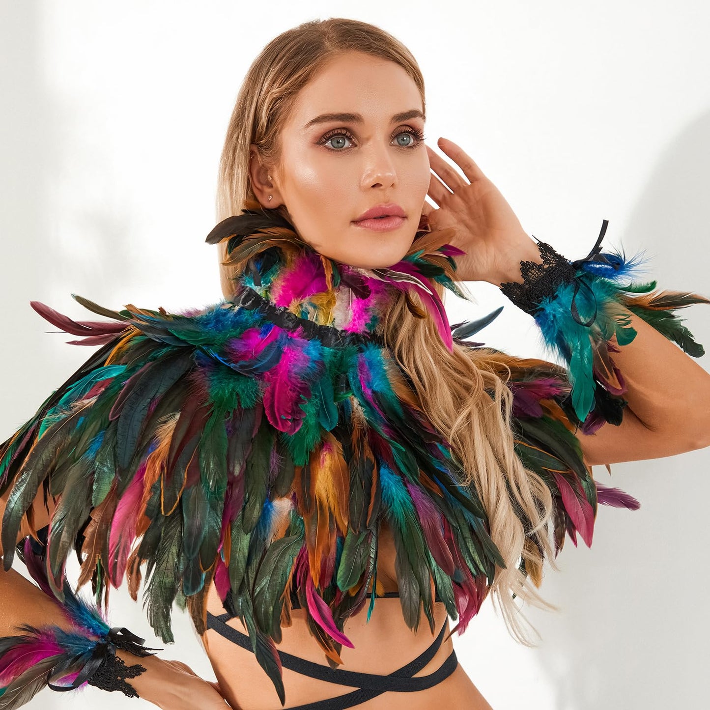 Niceyoeuk Women Natural Feather Cape with Wrist Cuffs Wristband Maleficent Costume Gothic Lacing Shawl Shrug Collar Feather Cape for Halloween Cosplay Christmas Party (Colorful 01)