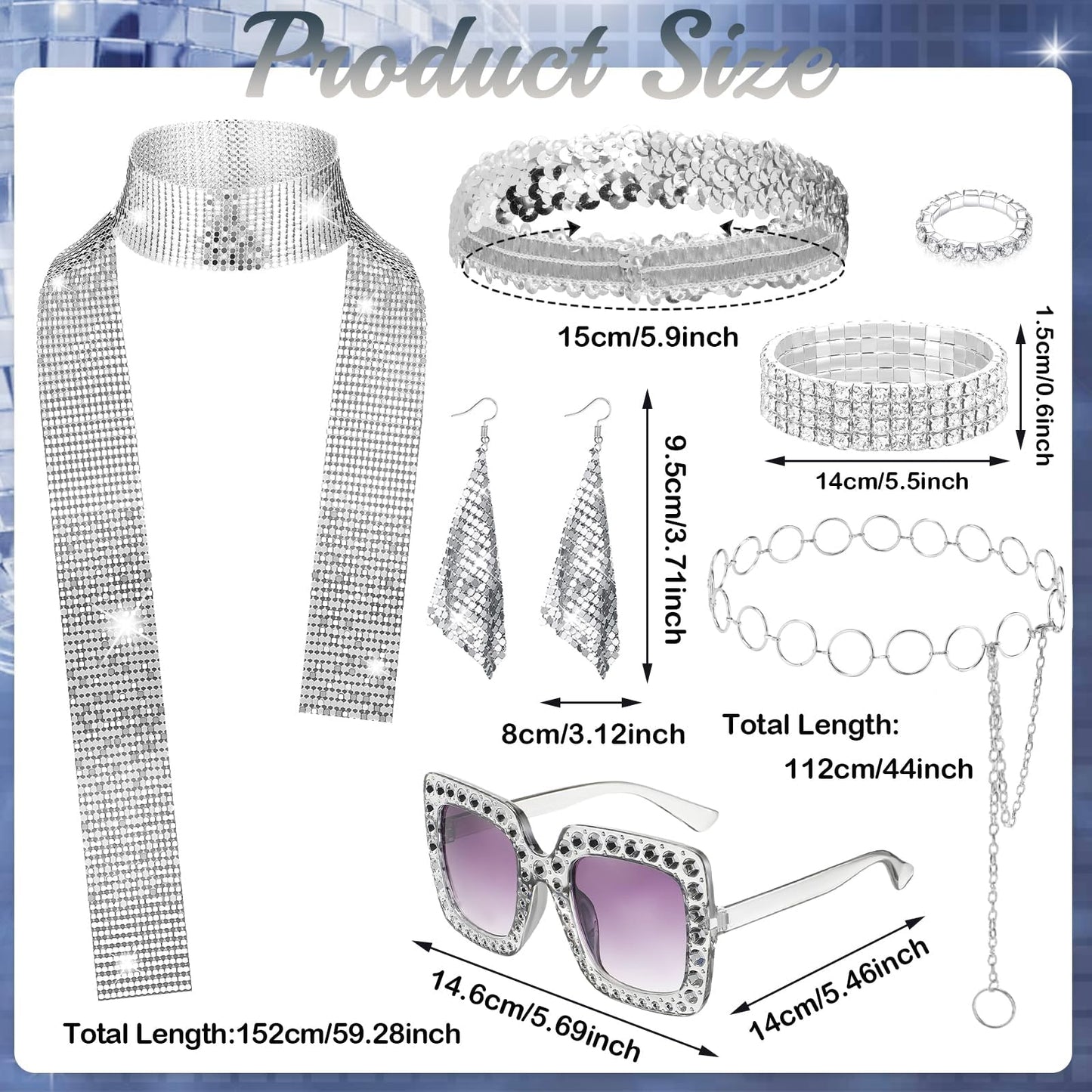 UxClishe 7 Pcs 1970s Disco Costume Set for Women, 70s Shine Disco Fancy Dress Accessories Set with Sequin Skirt Glasses Scarf Earring Headband Prom Dancing Outfit for Retro Party Supplies