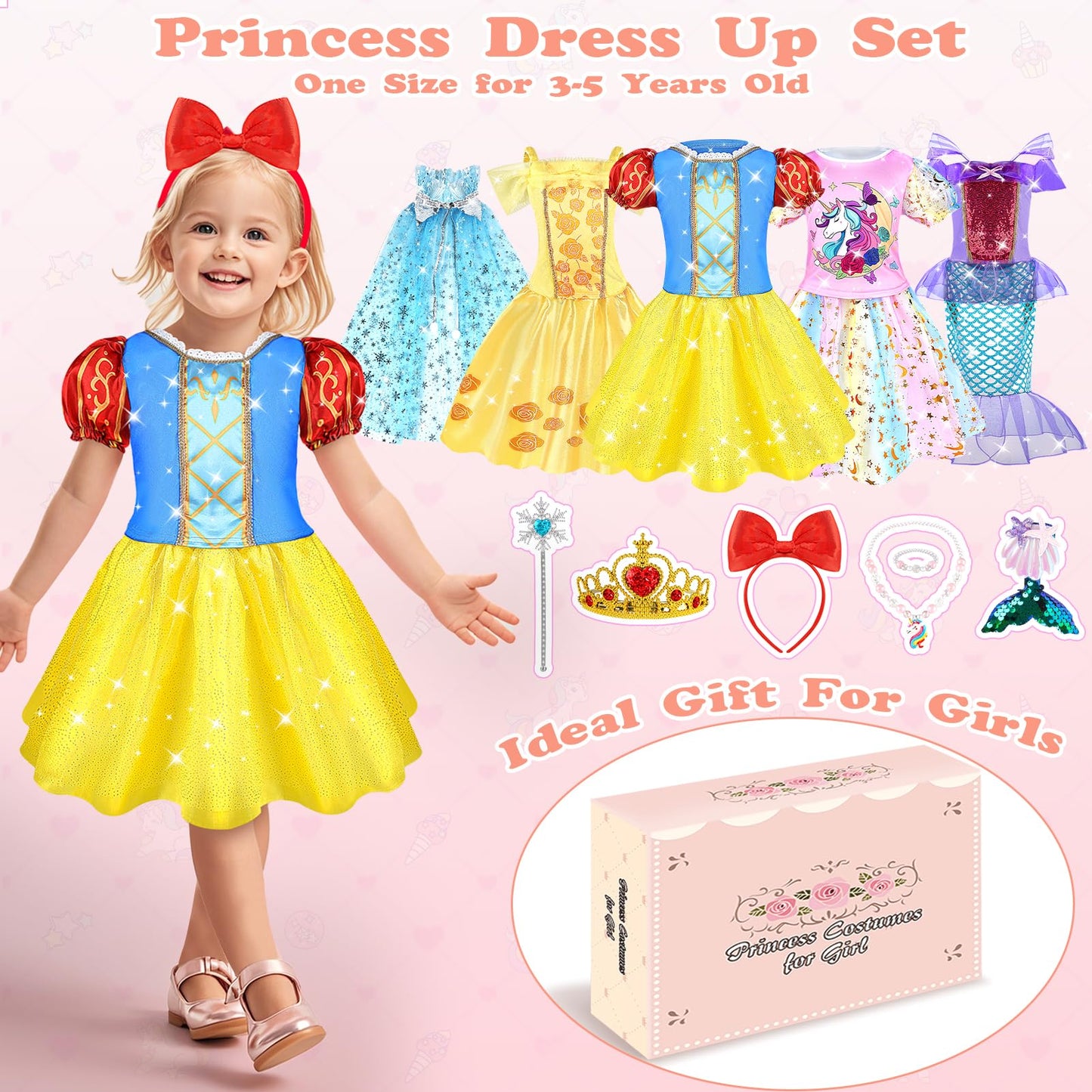 Dreamon Princess Costumes for Girls 5 Sets Princess Dress Up for Kids Fancy Dress Toddler Clothes for 3 4 5 6 Years Old Girls Christmas Birthday Carnival Gifts
