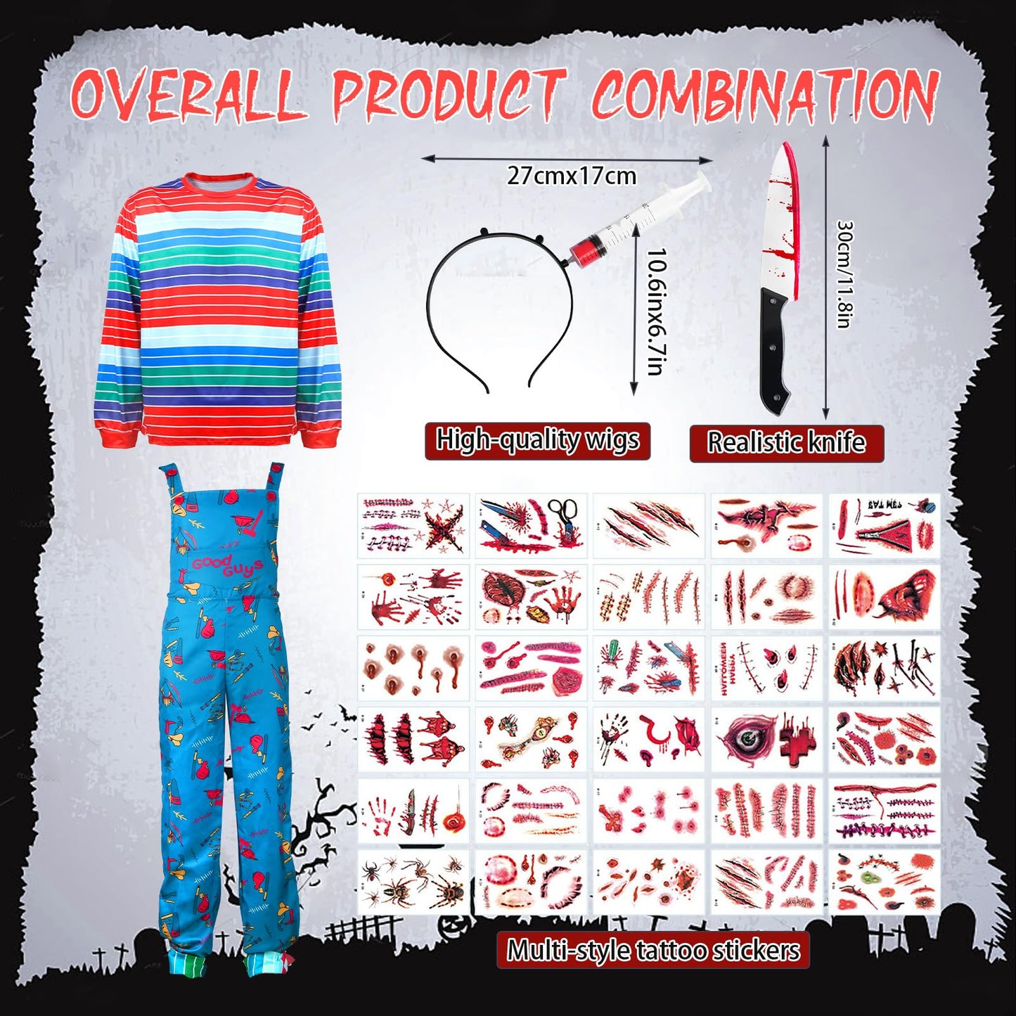viallolipa Halloween Costume Kids, Creepy Doll Costume for Boys Girls, Killer Doll Movie Character Costume with Simulated Knife Hair Band Tattoo Sticker Props for Cosplay