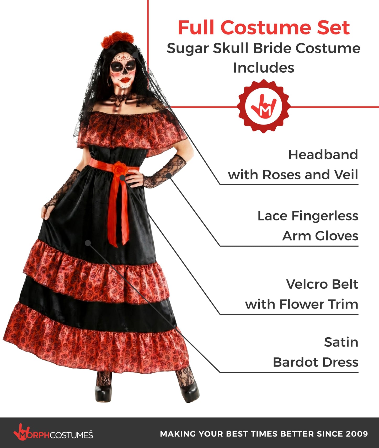 Morph Day Of The Dead Costumes For Women, Dia De Los Muertos Costume Women, Womens Halloween Costume Adult, X-Large