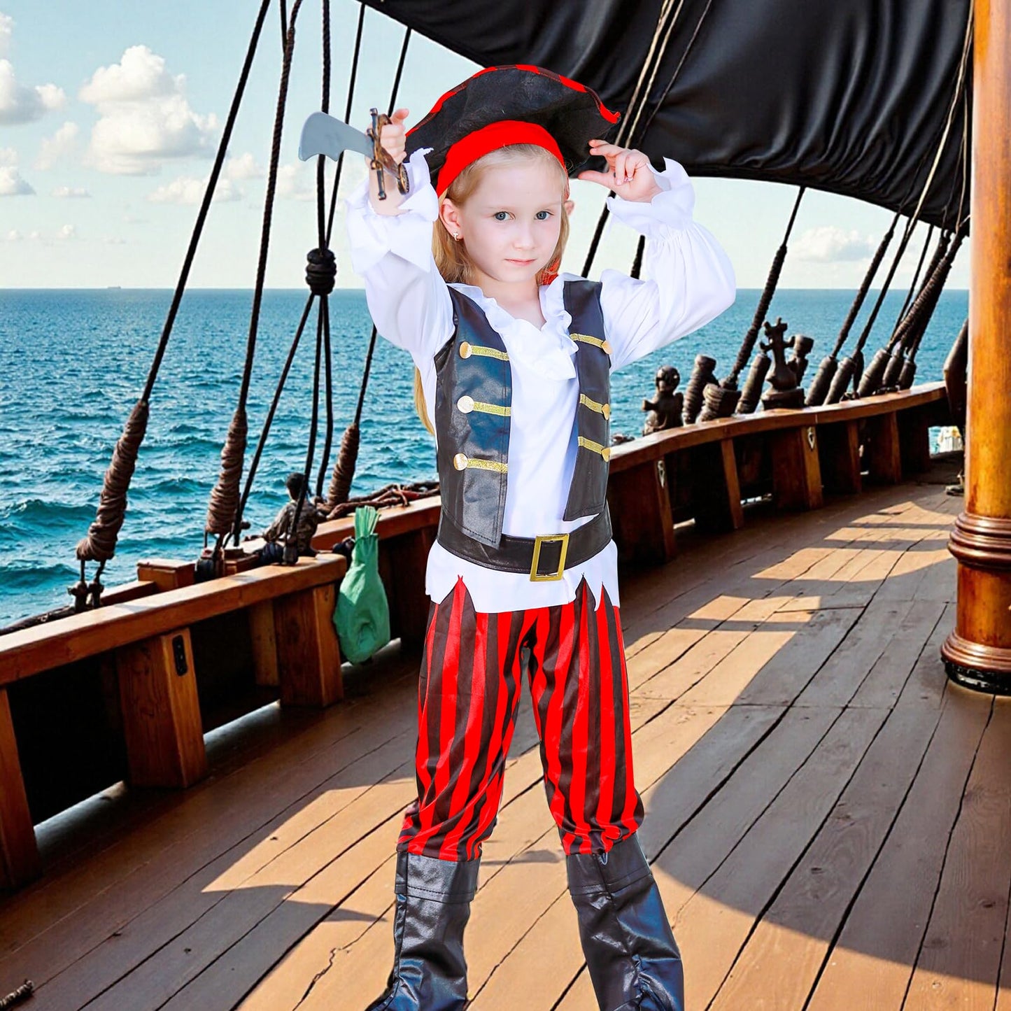 MELAND Pirate Costume Kids, Boys Girls Dress up with Pirate Hat, Boot-covers for Kids Aged 3 to 10, Fancy Dress for Kids & Toddlers Pirate Day Halloween Costumes (Black, M(5-6 Years))