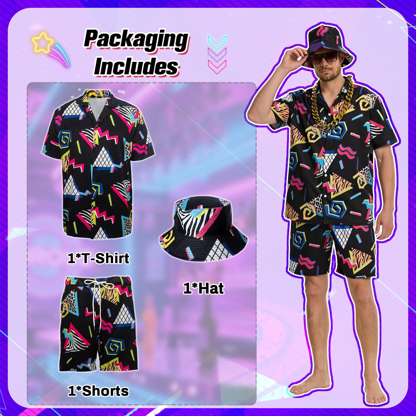 HZVRTN 80s Fancy Dress Men Hip-Hop T-Shirts And Shorts Set, 7Pcs Retro 80s 90s Hip-Hop Sportswear, Shell Suit Mens Fancy Dress Costume for Beach Party, Music Festival, Carnival, Disco (Black, L)