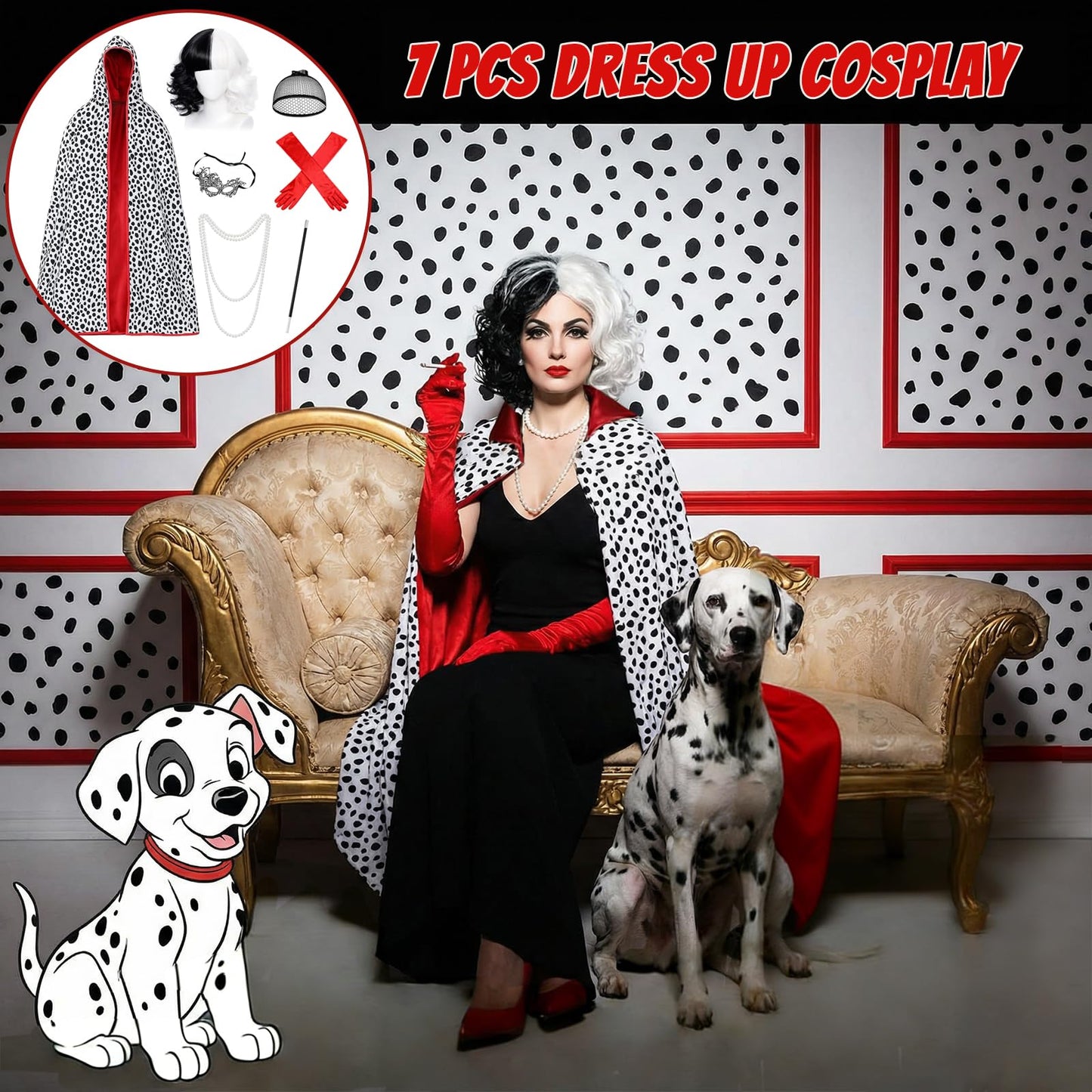 Cruella Costume Accessories Set for Women - Villain Fancy Dress Kit