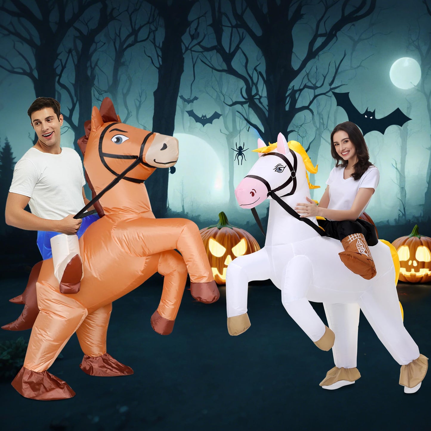 Poptrend Couple Inflatable Horse Costume for Adult, New Ride on Horse Blow Up Costume for Double Men Women Halloween Cosplay Party