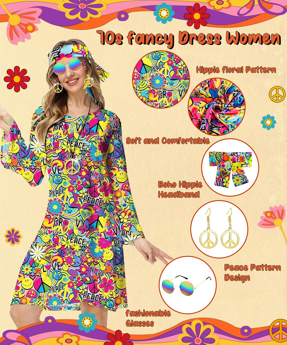 70s Fancy Dress Women - Hippie Costume Dress with Boho Headband Bag (image 3)