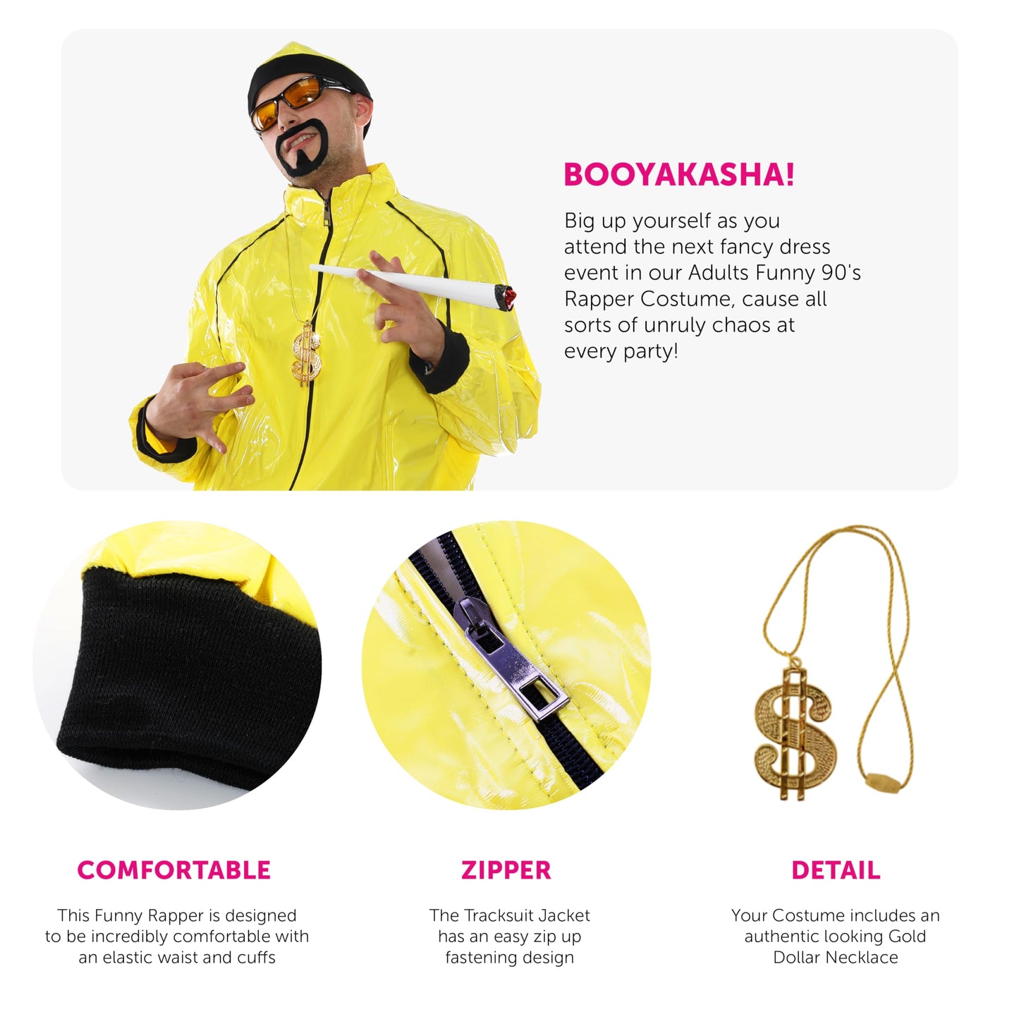 90s Rapper Costume - Medium - Adults Yellow & Black Shell Suit + Matching Hat + Sunglasses + Dollar Chain + Jumbo Spliff + Black Goatee - Funny Rapper Halloween Stag Do Fancy Dress Costume
