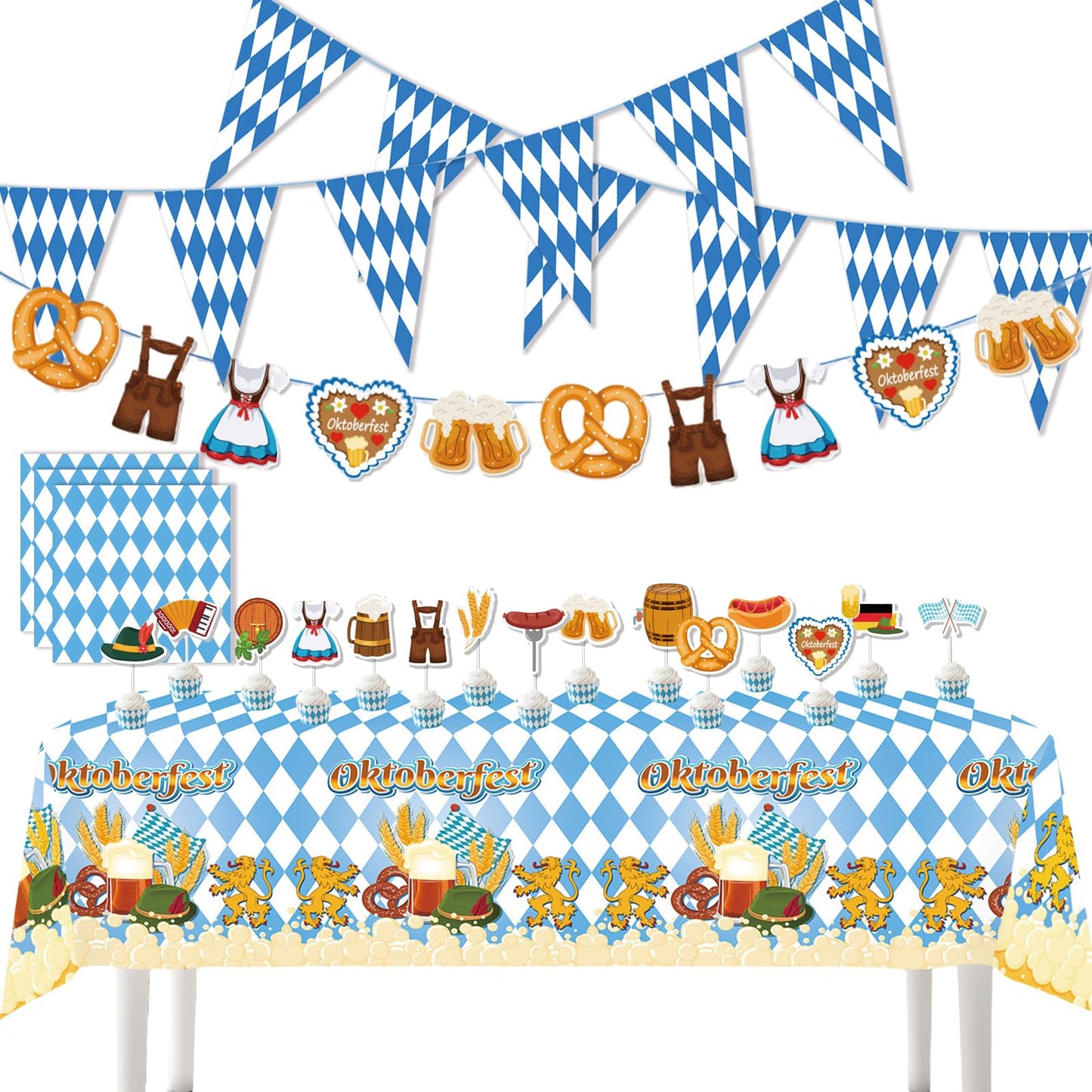 AYNKH Bavaria Oktoberfest Party Decoration Sets, Oktoberfest Blue White Banners Pennant Tablecloth Napkins Cake Topper Festival Supplies for German Beer Party