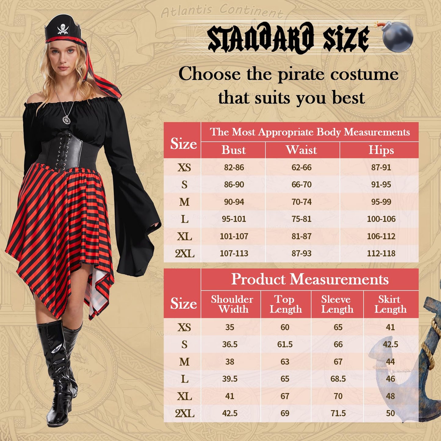 Pirate Costume for Adult Women with Waist Belt - Headscarf - Eye (image 4)