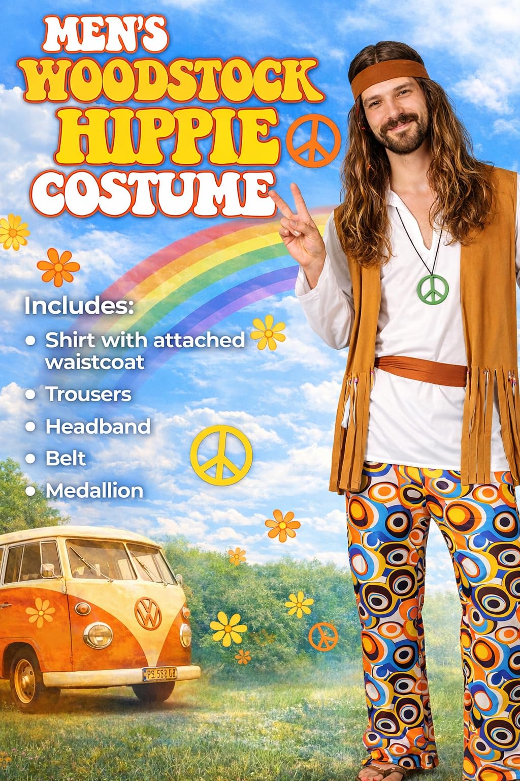 Wicked Costumes Mens 60s 70s Hippie Fancy Dress Costume – Woodstock Festival Retro Party Outfit - Large