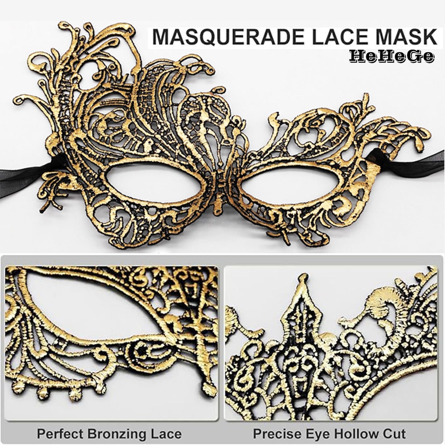 HeHeGe 2 Pcs Masquerade Mask, Lace Half-FaceMasks, Masquerade Masks for Couples,Sexy VenetianCarnival Masks, for Masquerade Venetian Carnival Party Dress Halloween Masks (Gold)