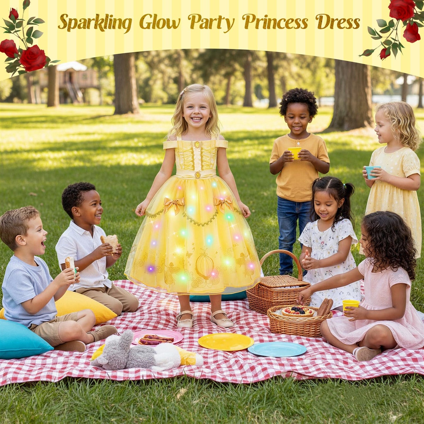 WIKITOT Princess Costume for Girls, Light up Yellow Princess Dress up for Girls Aged 3-10, World Book Day Fancy Dress Halloween Costumes(M)