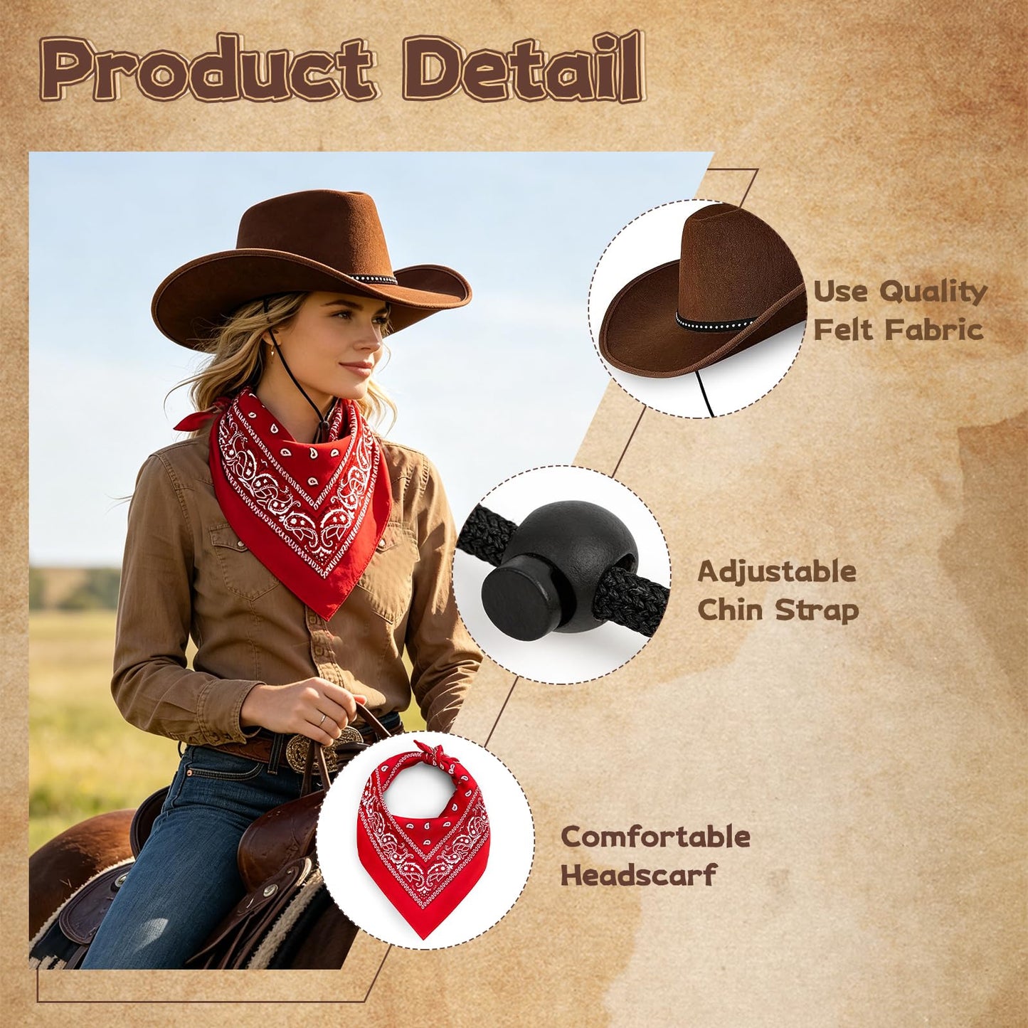 Cowboy Hats for Men and Women with Bandana Scarf - Unisex Western