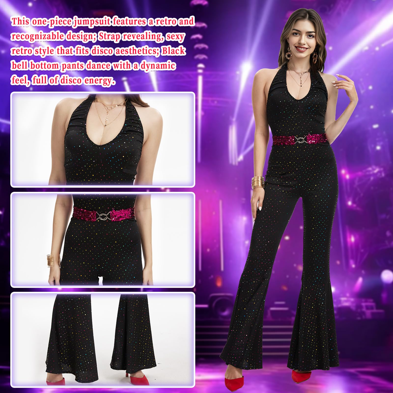 70s Disco Costume for Women - 70s Sequin Jumpsuit - Disco Accessory (image 2)