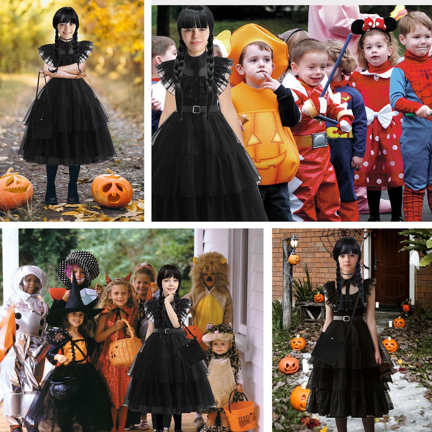 Kitimi Dress110 Black Gothic Dress Up Outfit for Girls, 3-11 Kids Theme Cosplay Costume Girls Party Fancy Dress Accessories with Wig Earrings Bag Socks for Carnival Halloween Party