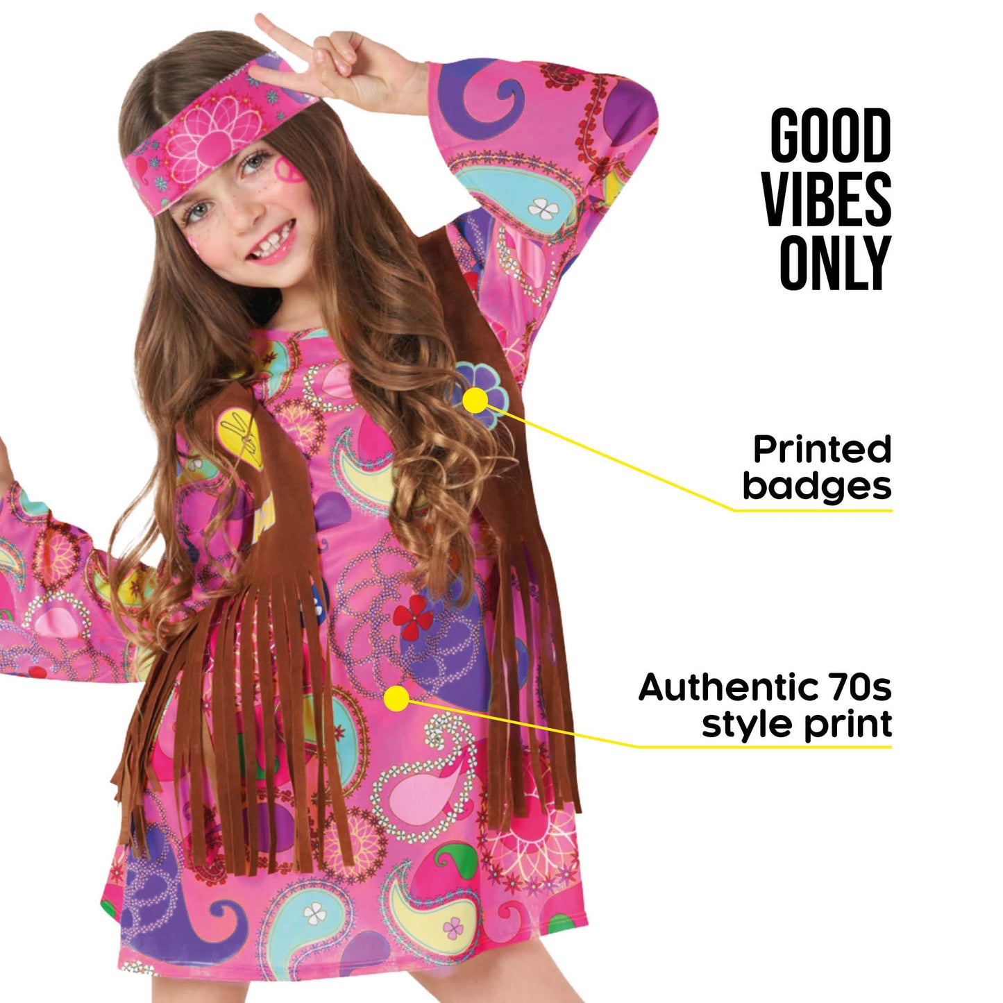 Morph Kids Hippie Vest Costume Dress - 70s Disco Outfit for Girls Halloween Costume, Retro Hippie Dress for Kids, Large