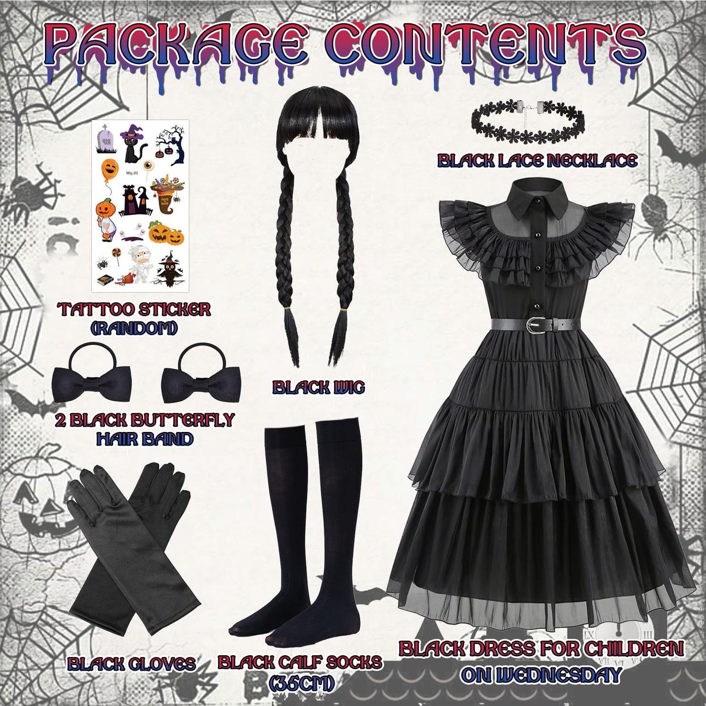 Carreuty 8 Pcs Black Princess Costume Dress Girls Sets, Black Family Dress up Outfits for Kids with Wigs Gloves Socks Hair Bands Tattoos, Gothic School Fancy Dress for World Book Day Halloween