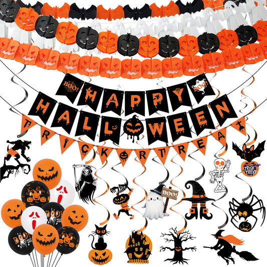 Halloween indoor decoration set with reusable banners, balloons, and garland