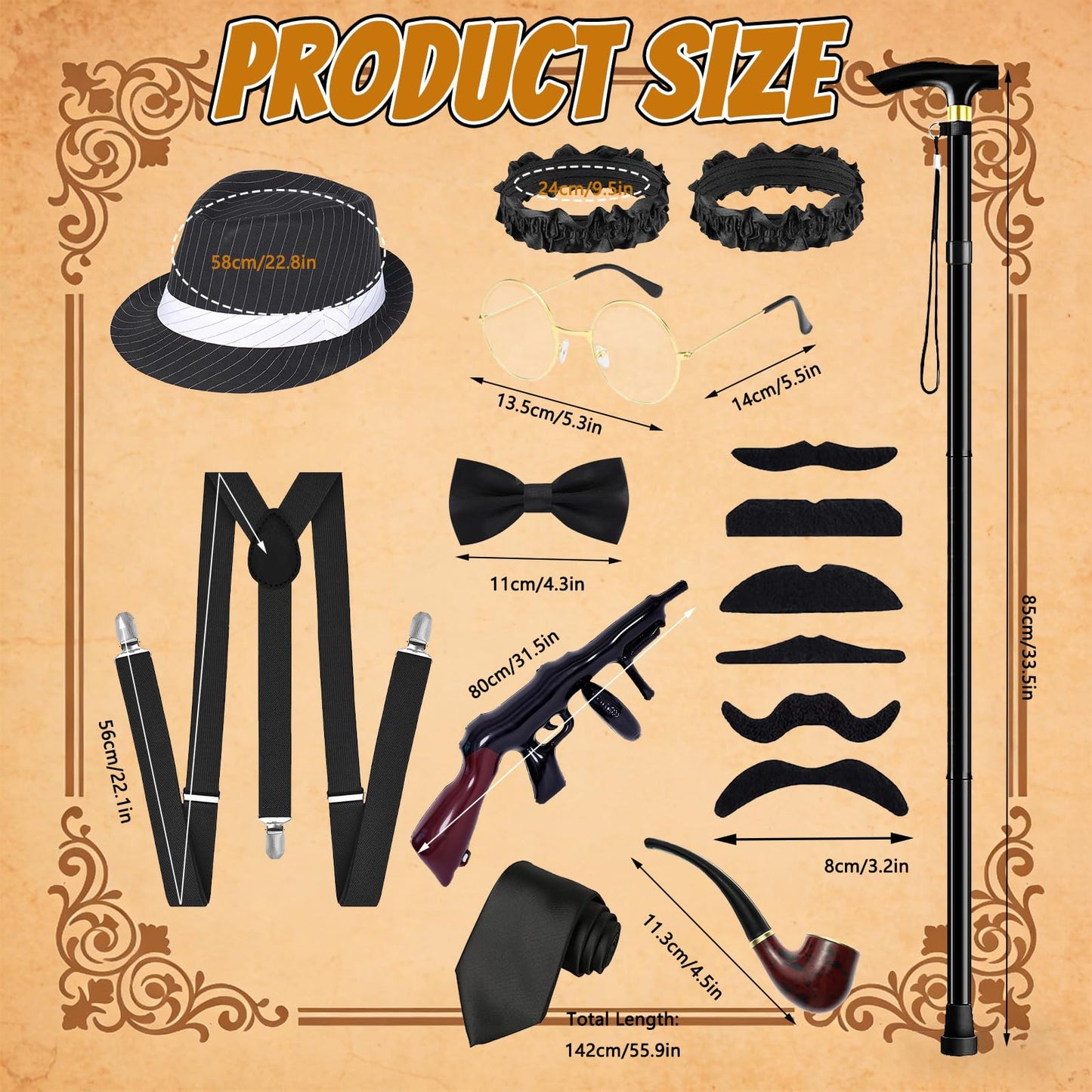 1920s Accessories for Men, Great Gatsby Fancy Dress Set with Fedora Hat Suspenders Bow Tie Fake Beards Glasses Inflatable Gun Folding Cane for Roaring 20s Gangster Costume for Party (Black Stripes)