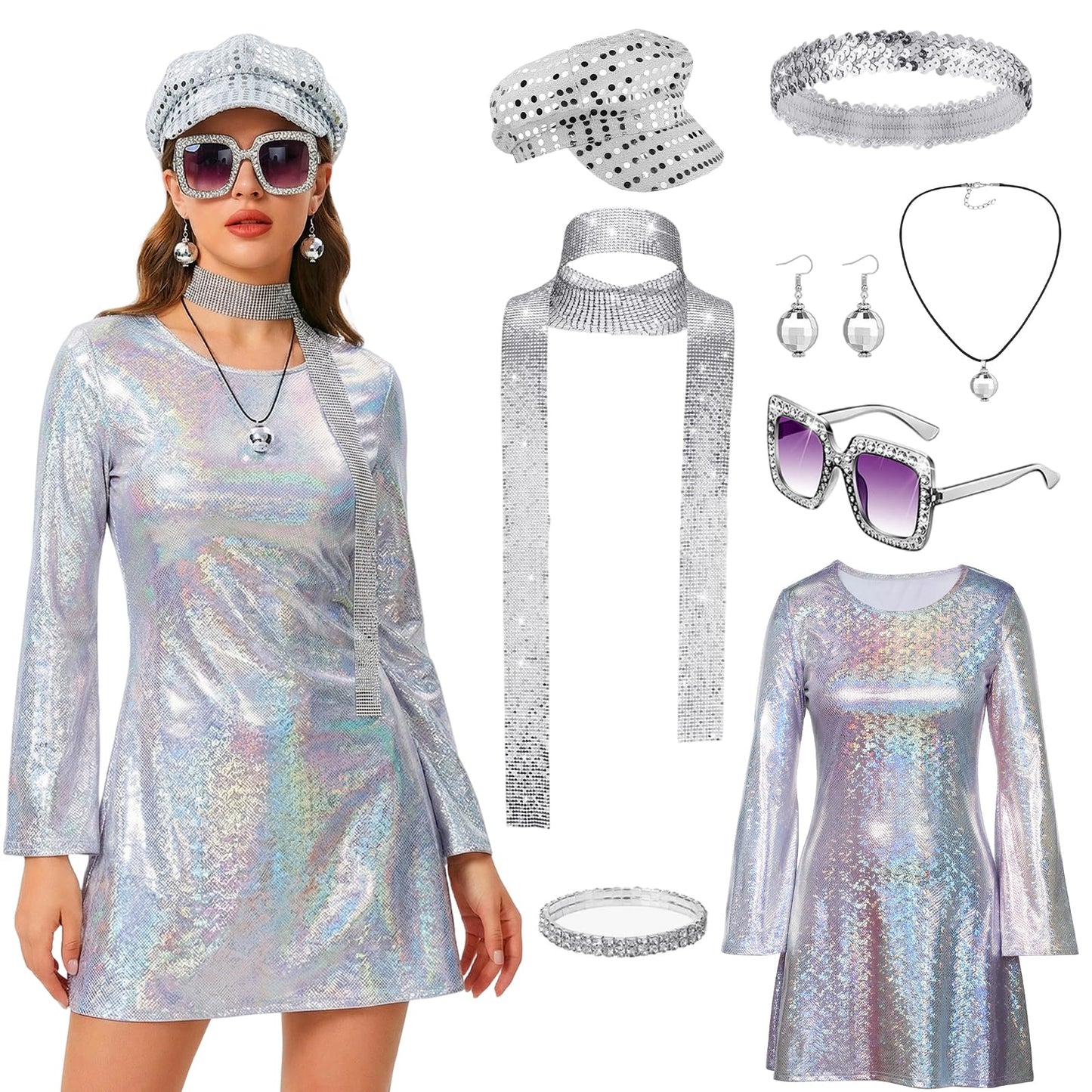 Women 70s Disco Costume Flare Sleeve Dress - Retro 70s 80s Fancy