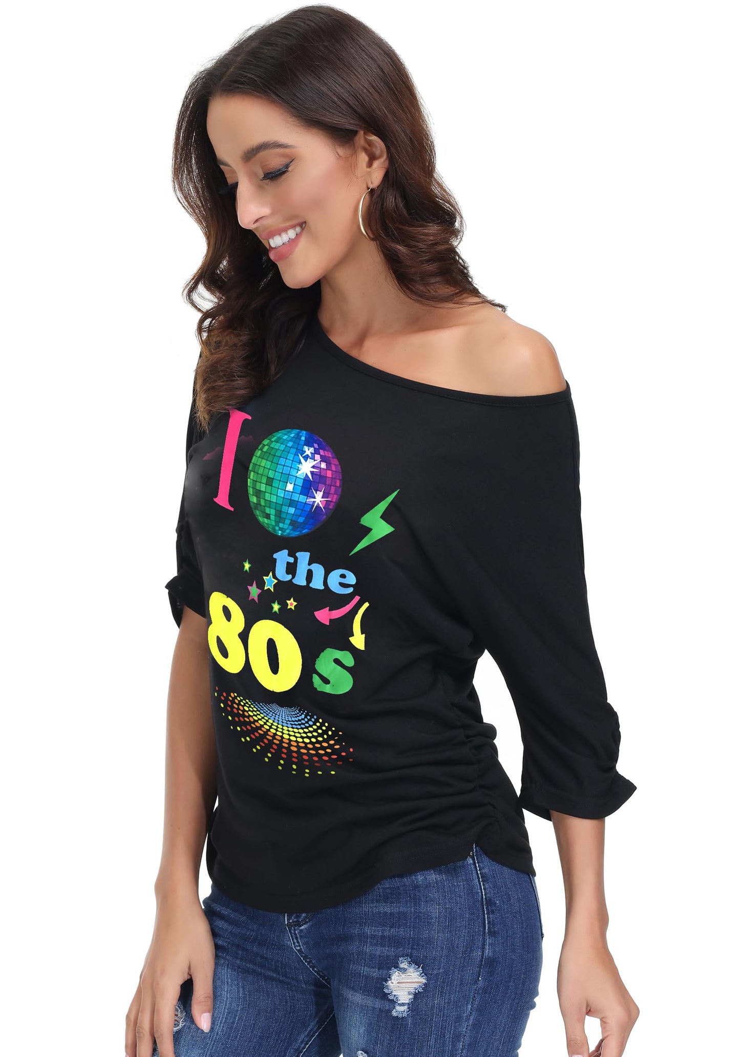 80s T Shirt Fancy Dress Costume for Women Off Shoulder Tops Sexy (image 2)