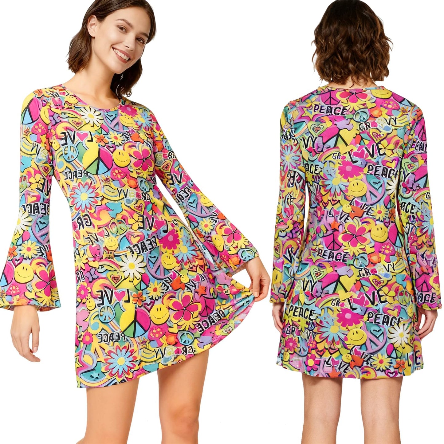 AYBUY Women’s Hippie Dress, 60s 70s Fancy Dress Women Disco Outfit with Necklace, Earrings, Sunglasses and Band, 1960s 1970s Retro Hippy Clothes for Halloween Carnival Cosplay Party, M (Style A